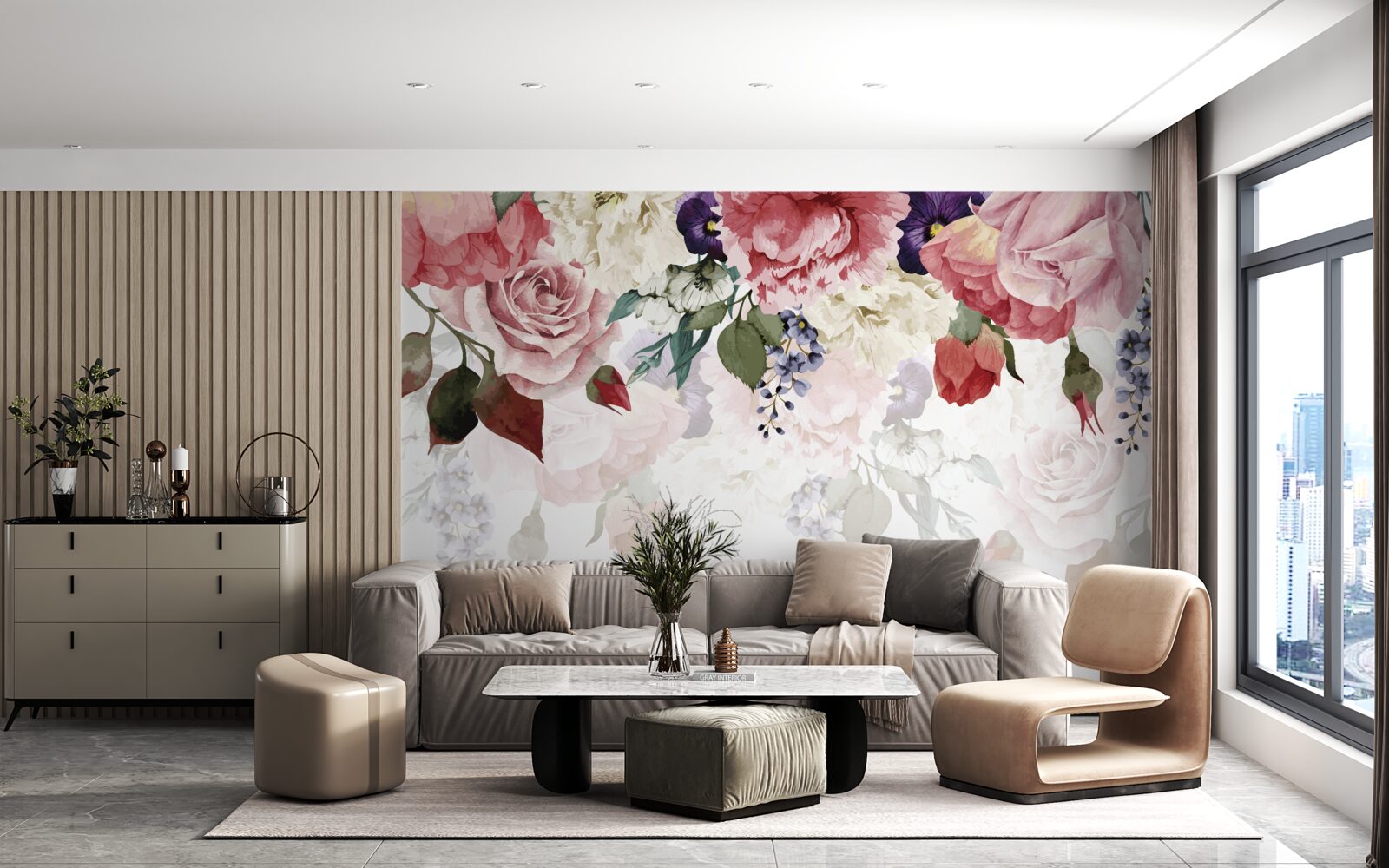 Fotobehang compositie van vallende bloemen