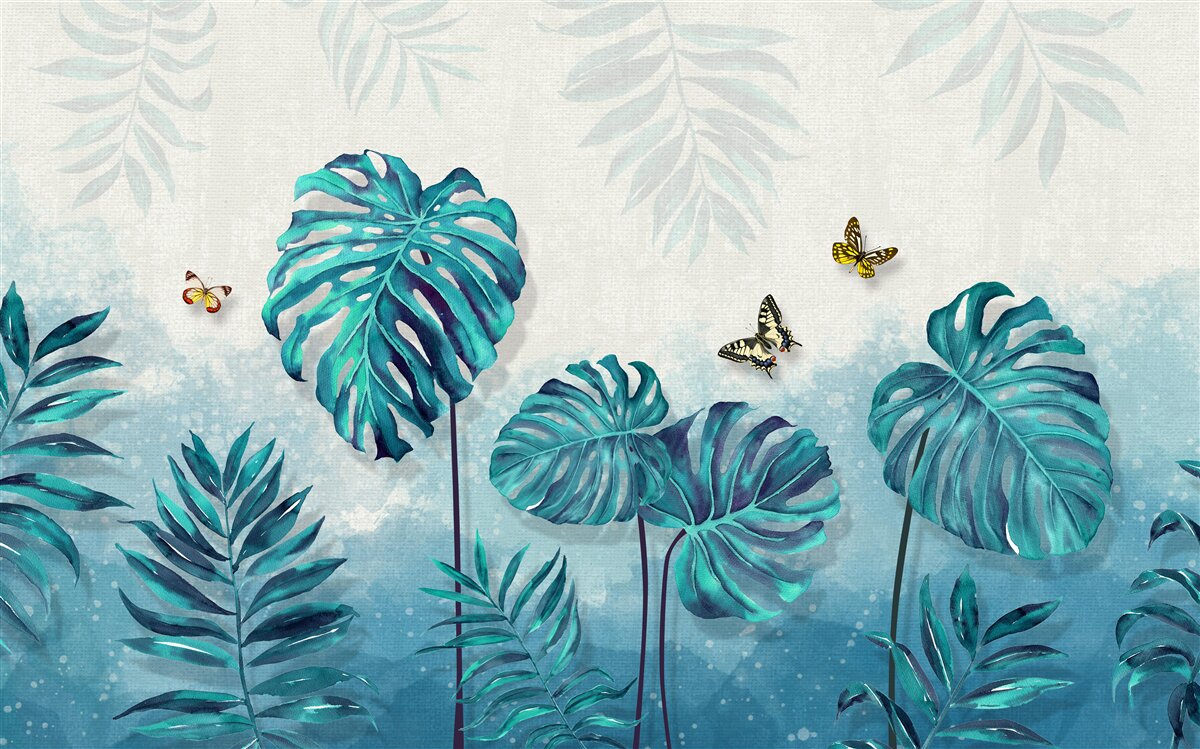 Fotobehang monstera bladeren zijn blauw, versierd met vlinders