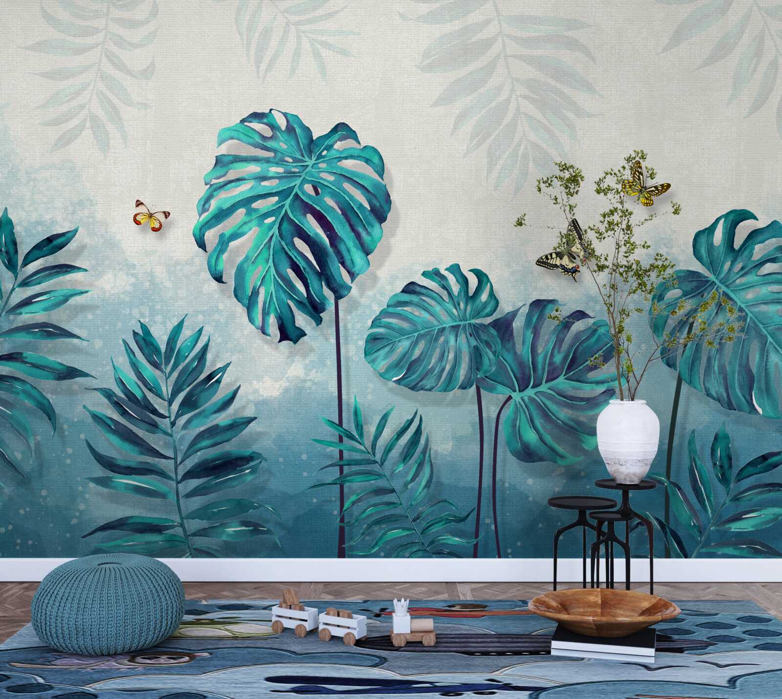 Fotobehang monstera bladeren zijn blauw, versierd met vlinders