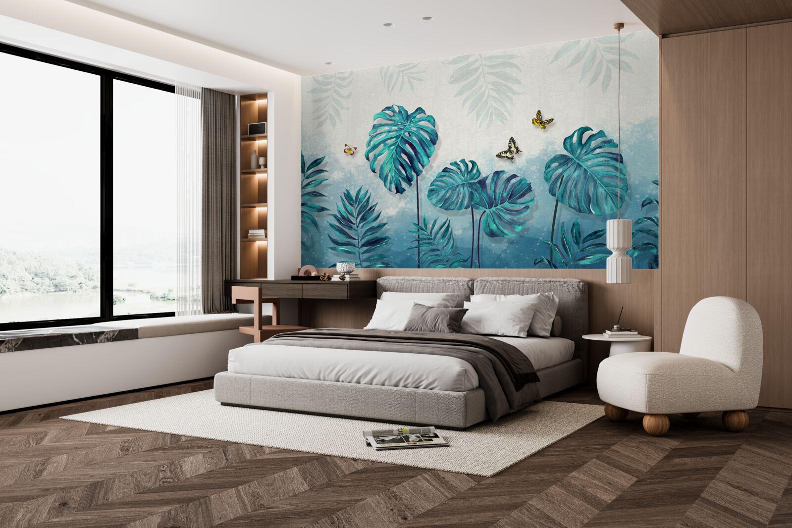 Fotobehang monstera bladeren zijn blauw, versierd met vlinders