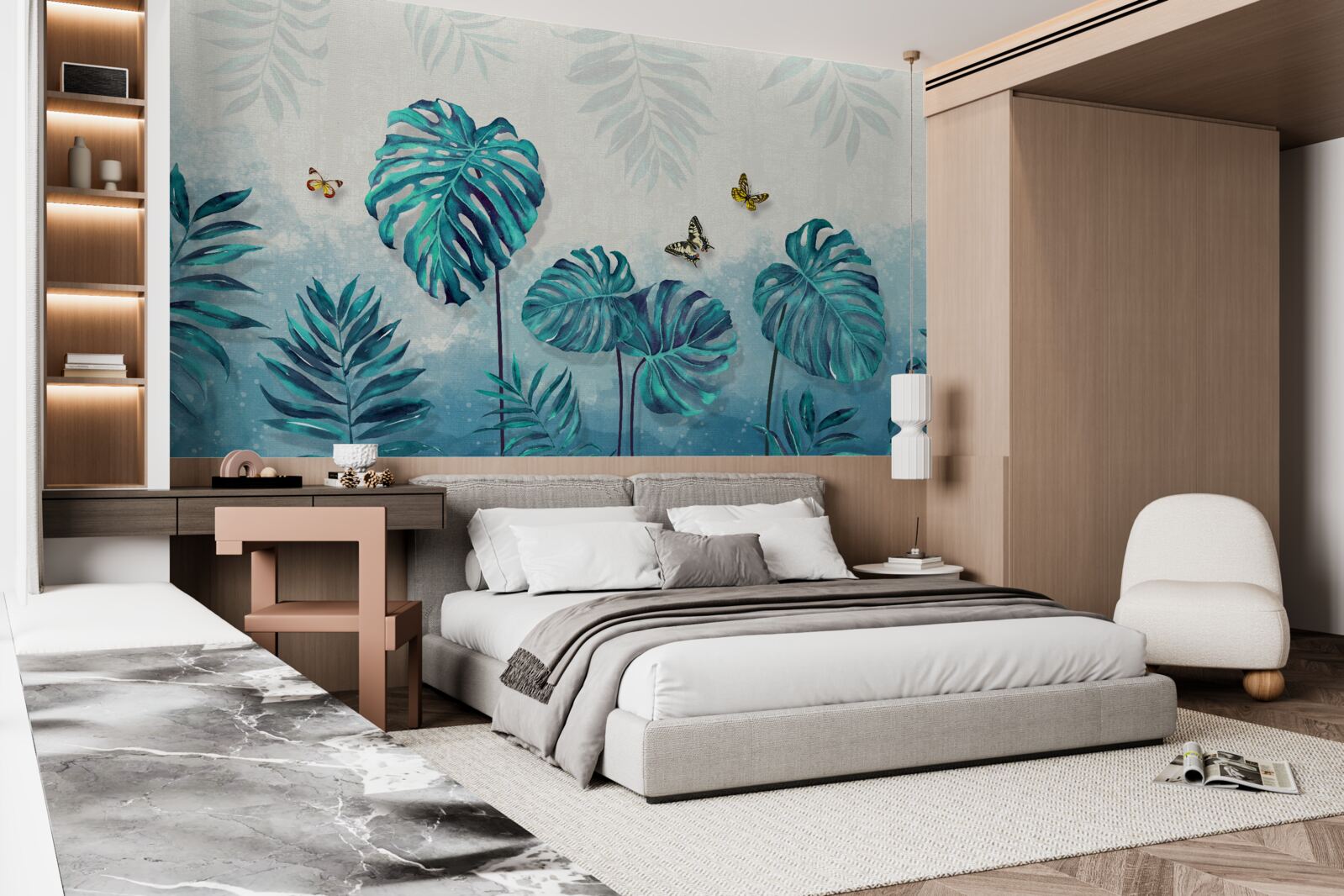 Fotobehang monstera bladeren zijn blauw, versierd met vlinders