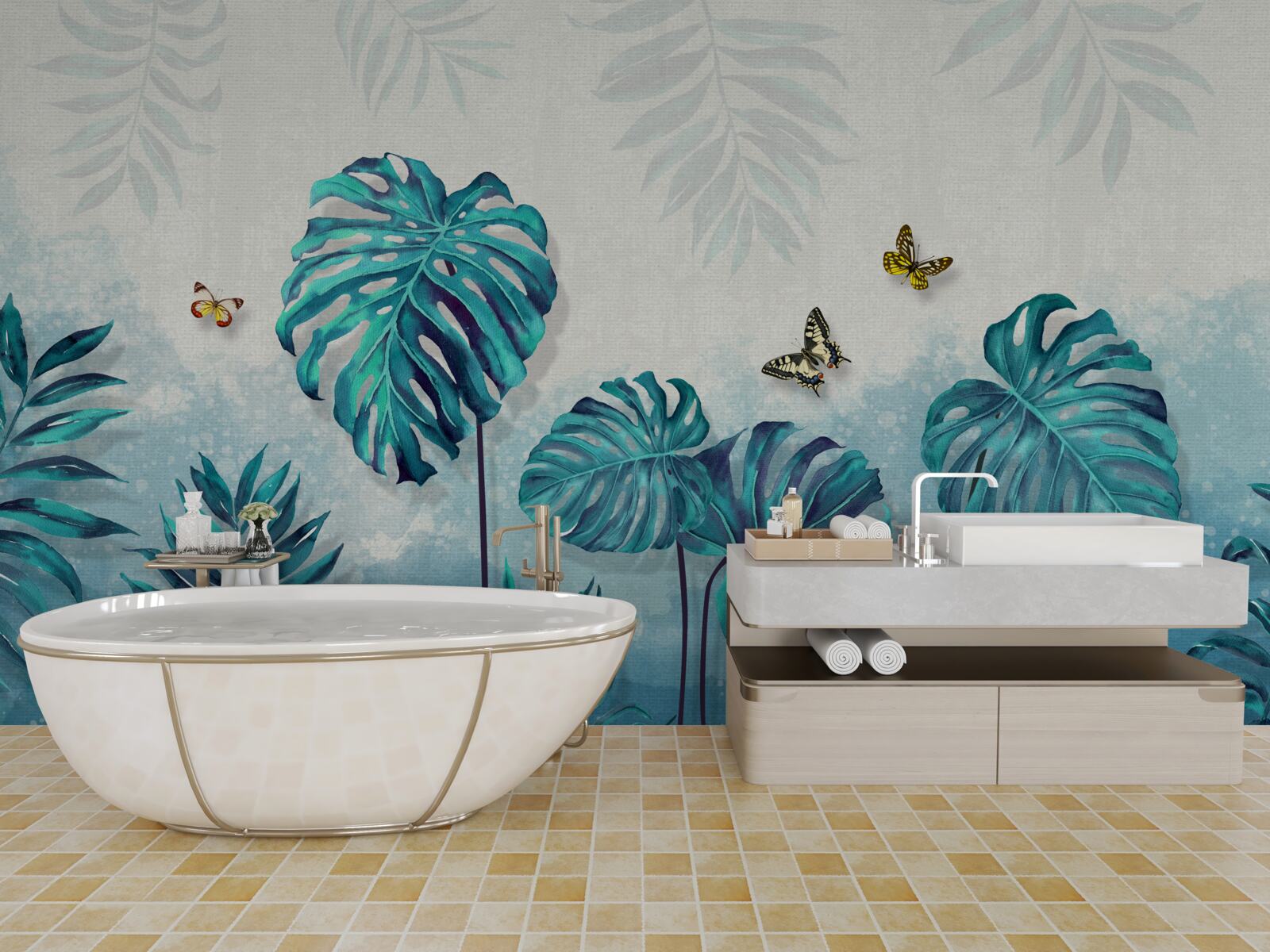 Fotobehang monstera bladeren zijn blauw, versierd met vlinders
