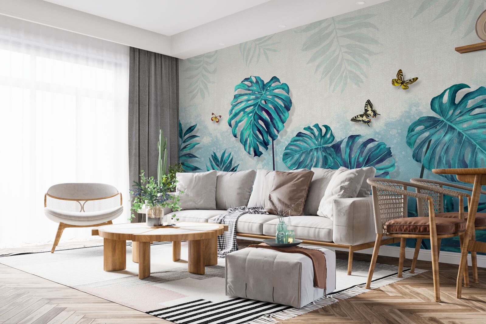 Fotobehang monstera bladeren zijn blauw, versierd met vlinders