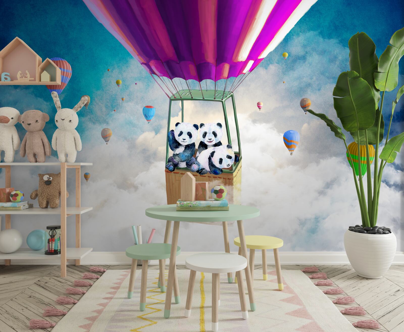 Fotobehang heteluchtballon tilt panda de lucht in