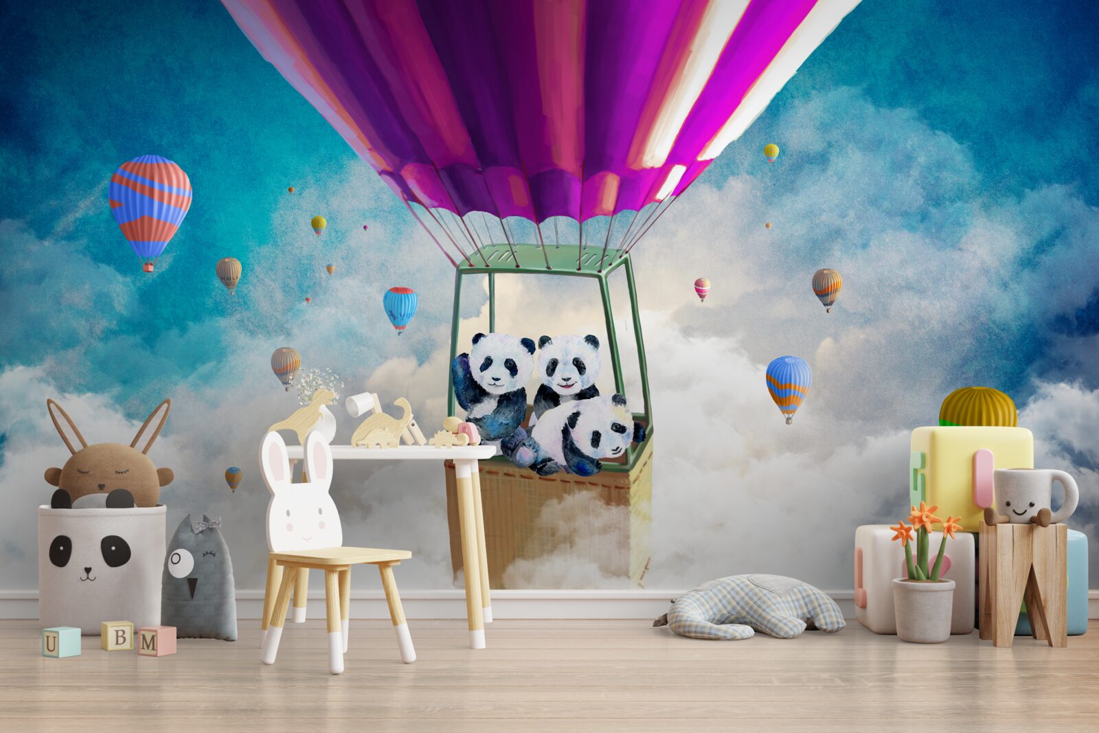 Fotobehang heteluchtballon tilt panda de lucht in