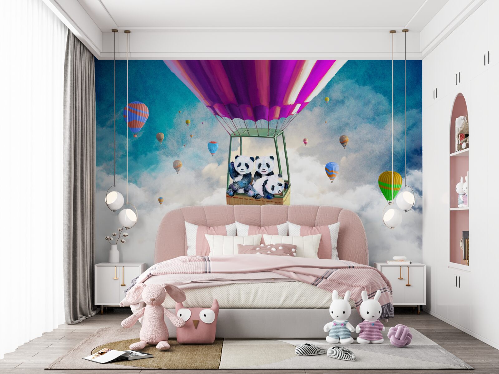 Fotobehang heteluchtballon tilt panda de lucht in