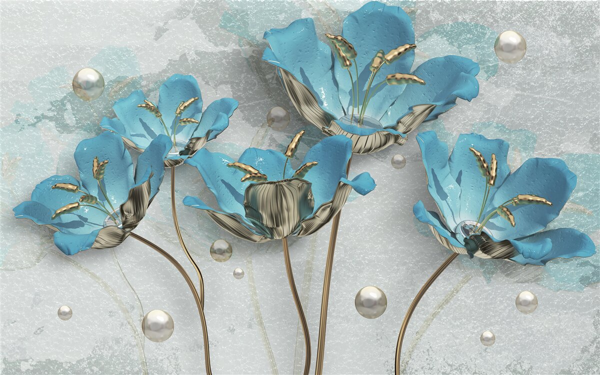 Fotobehang metallic blauwe bloemen