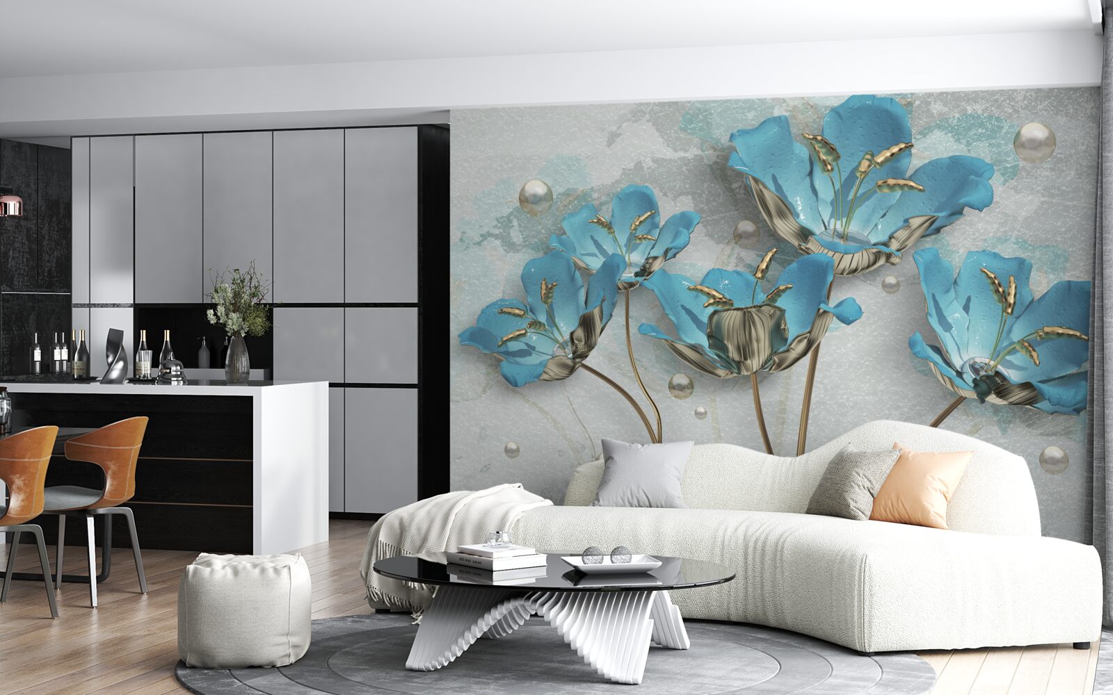 Fotobehang metallic blauwe bloemen