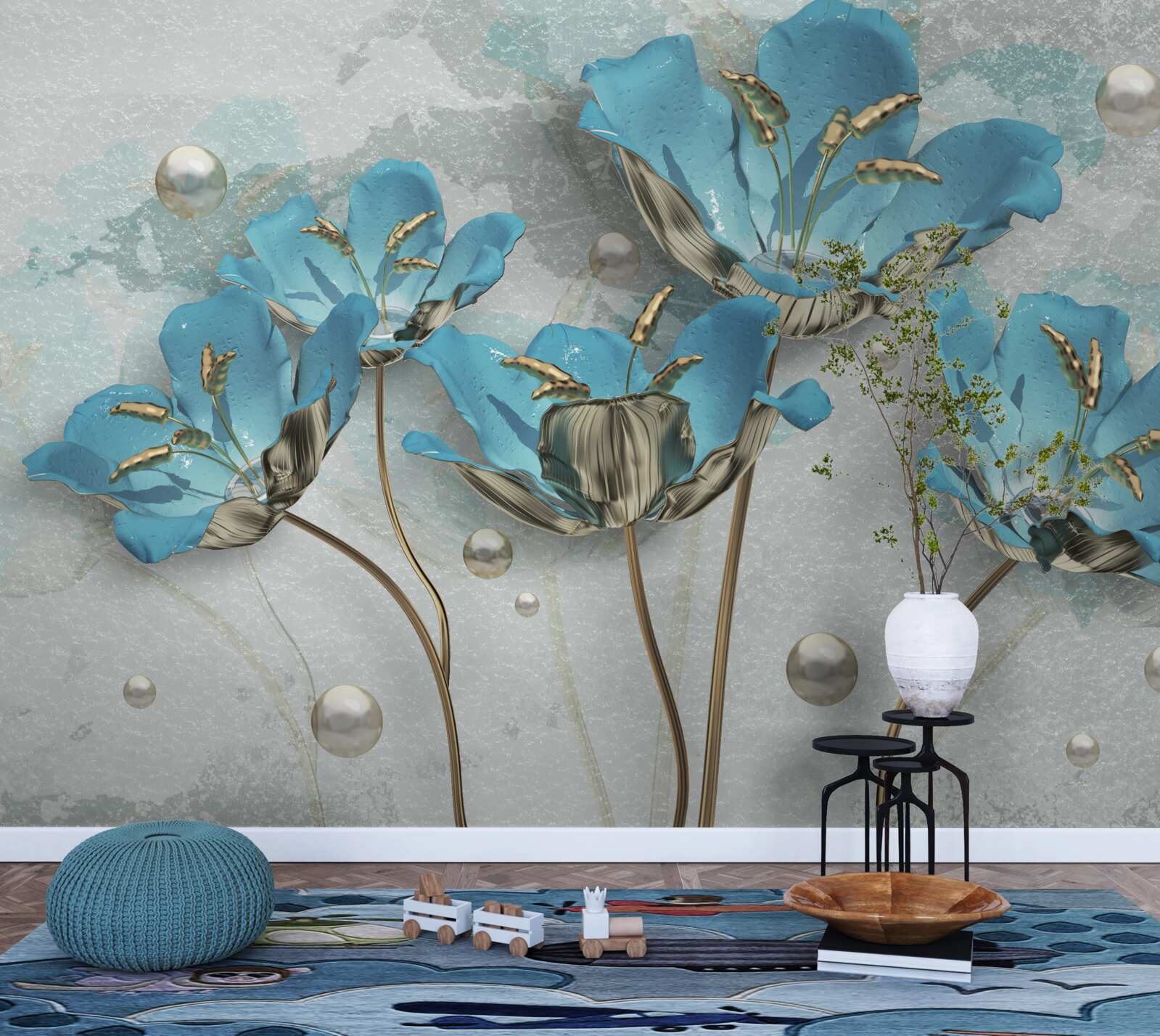 Fotobehang metallic blauwe bloemen