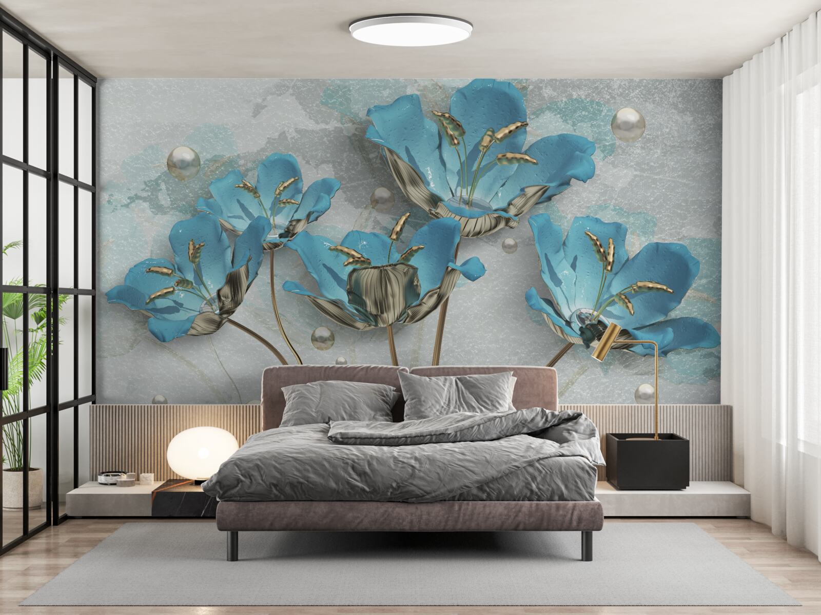 Fotobehang metallic blauwe bloemen