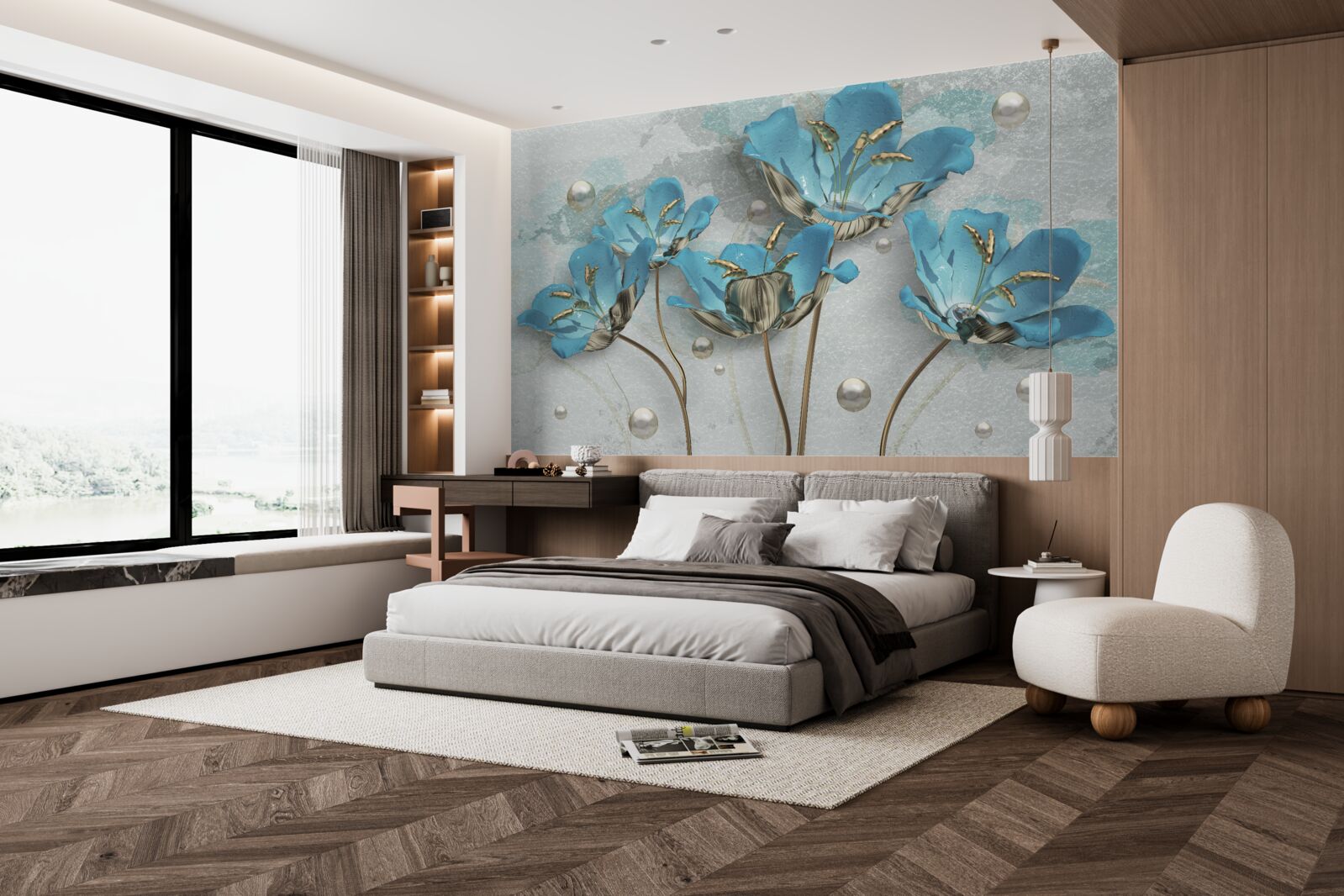 Fotobehang metallic blauwe bloemen