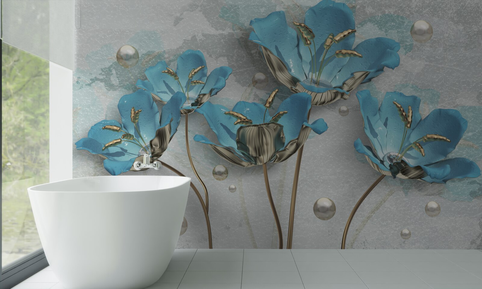 Fotobehang metallic blauwe bloemen