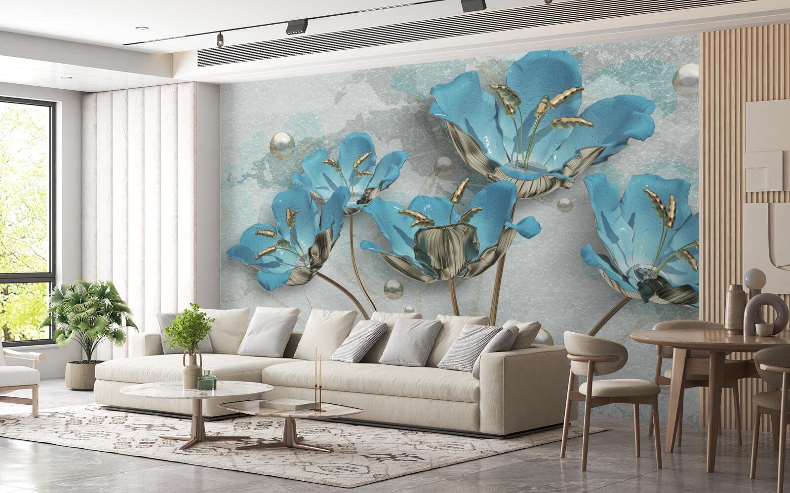 Fotobehang metallic blauwe bloemen