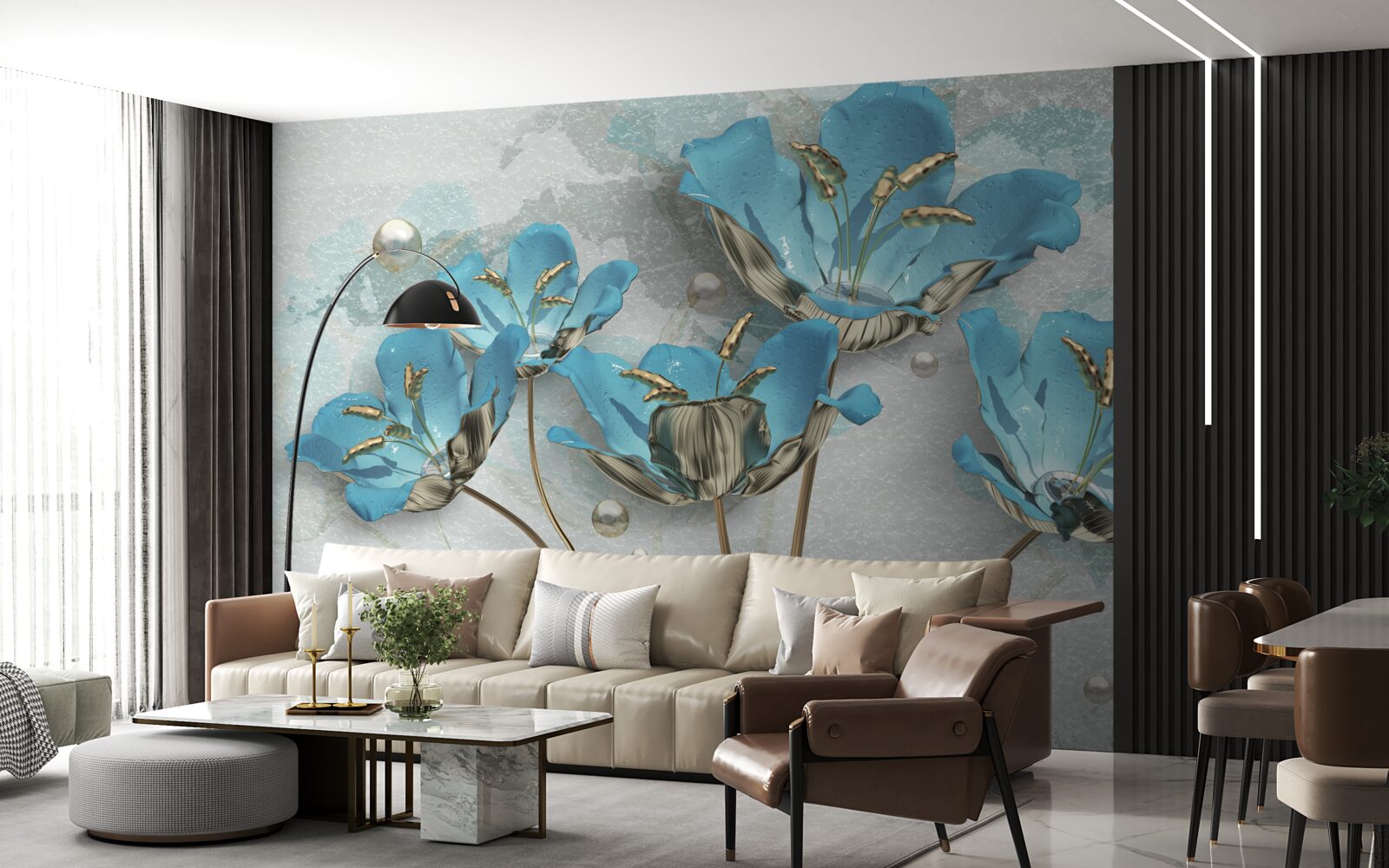 Fotobehang metallic blauwe bloemen