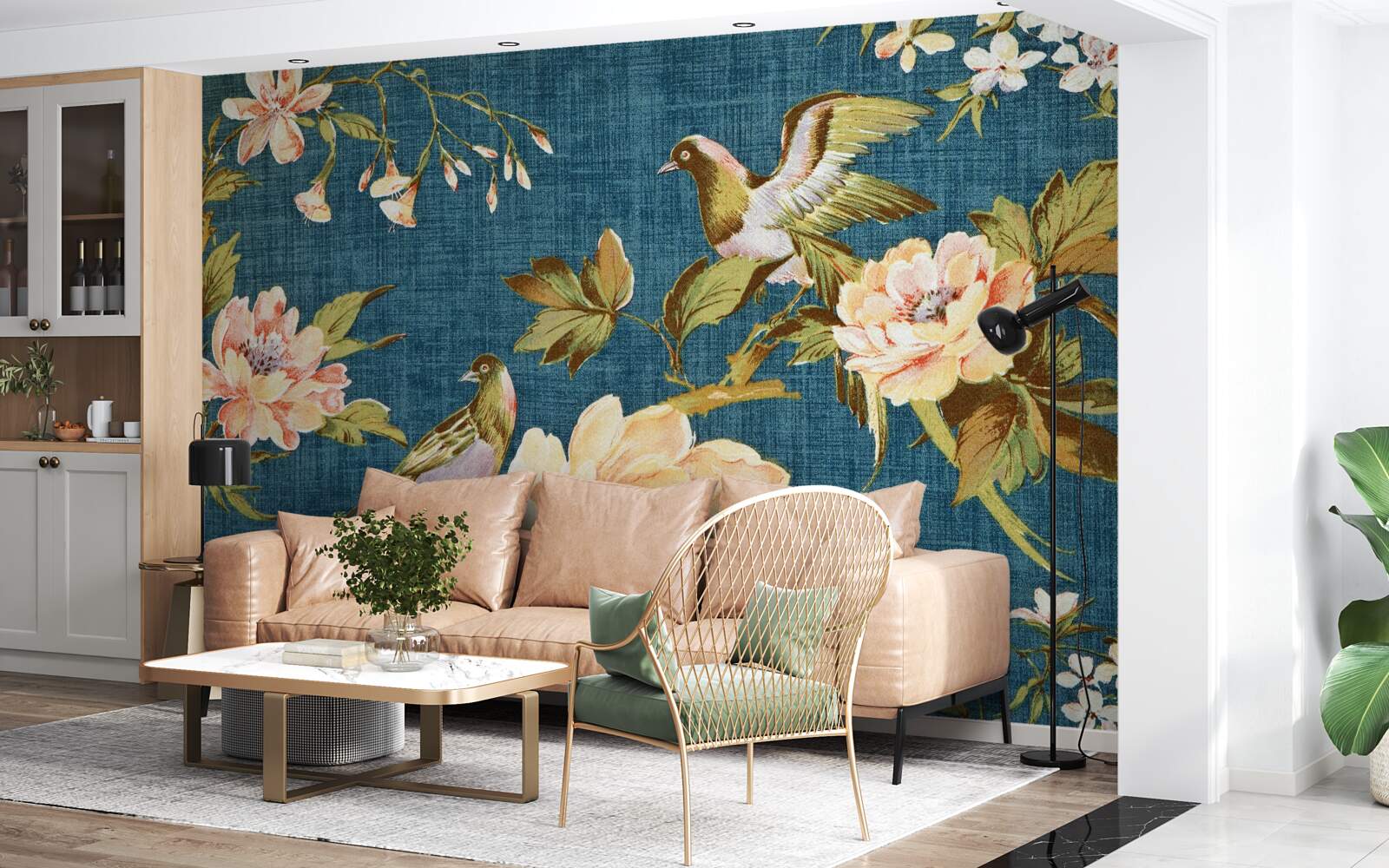 Fotobehang twee papegaaien tussen de rozen