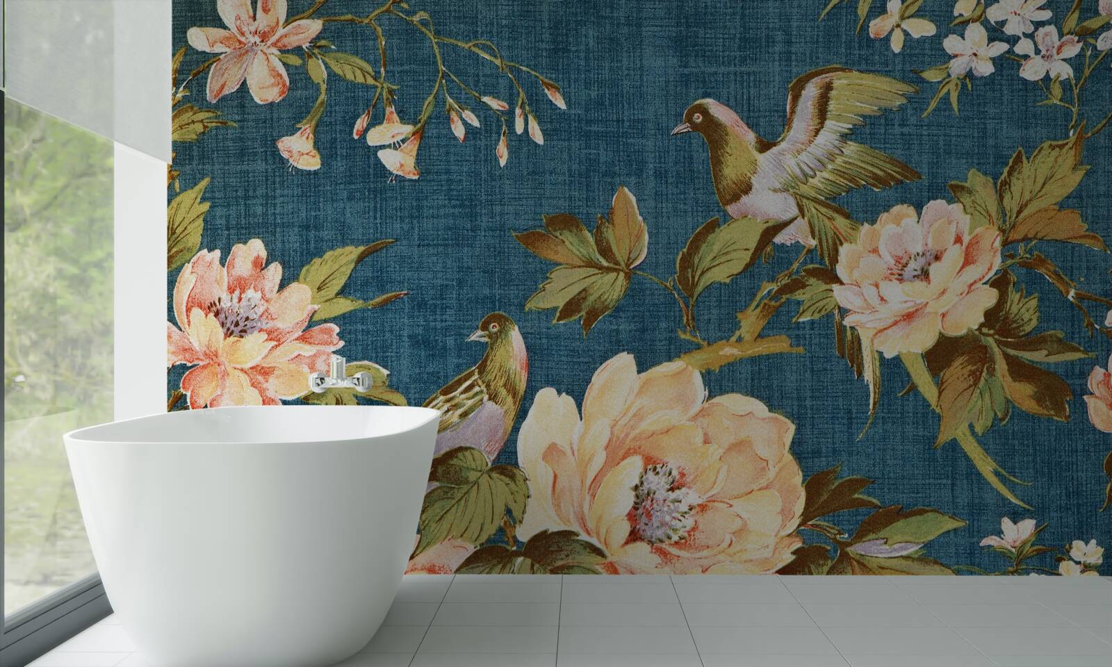 Fotobehang twee papegaaien tussen de rozen