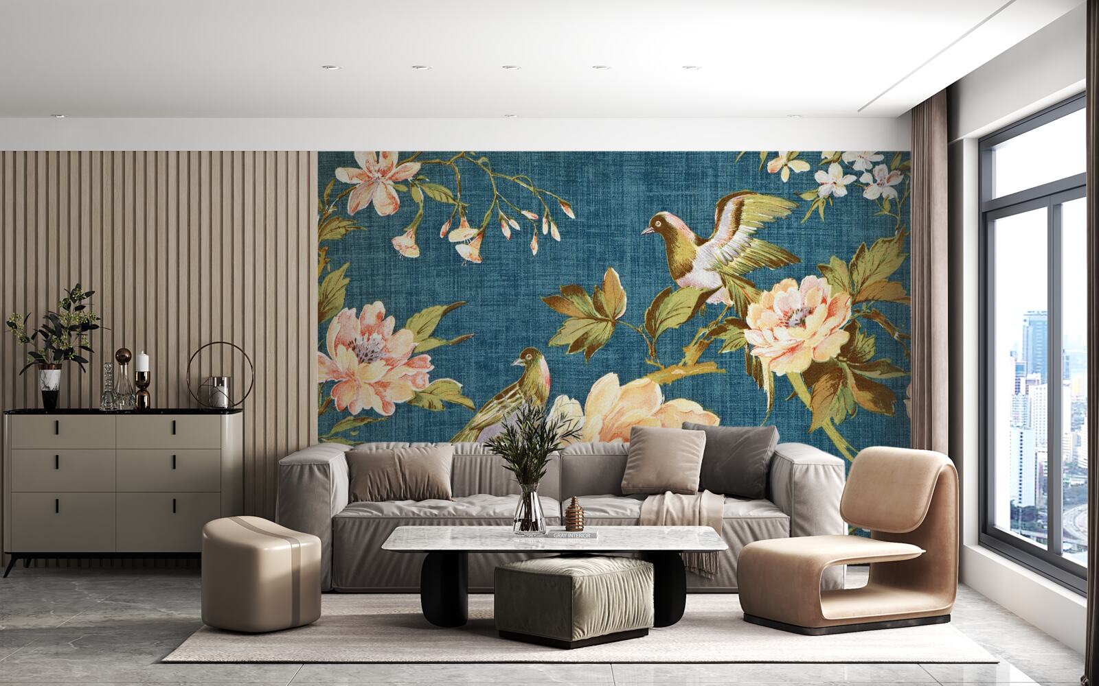 Fotobehang twee papegaaien tussen de rozen