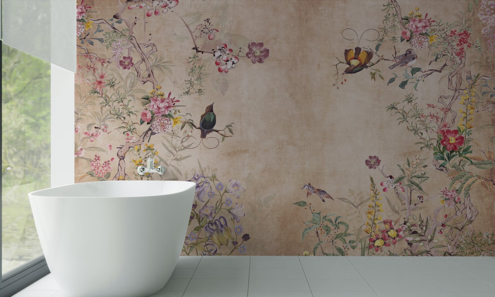 Fotobehang vogels op bloeiende takken