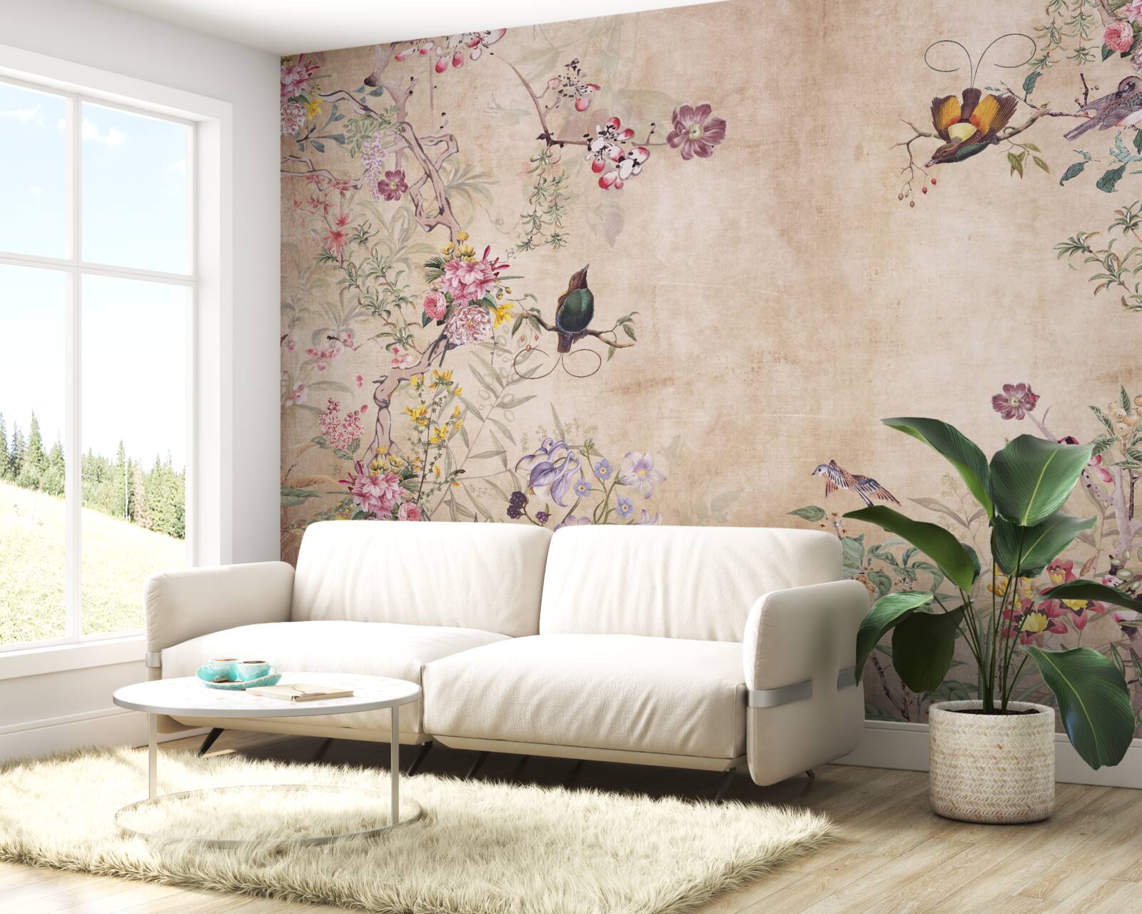 Fotobehang vogels op bloeiende takken