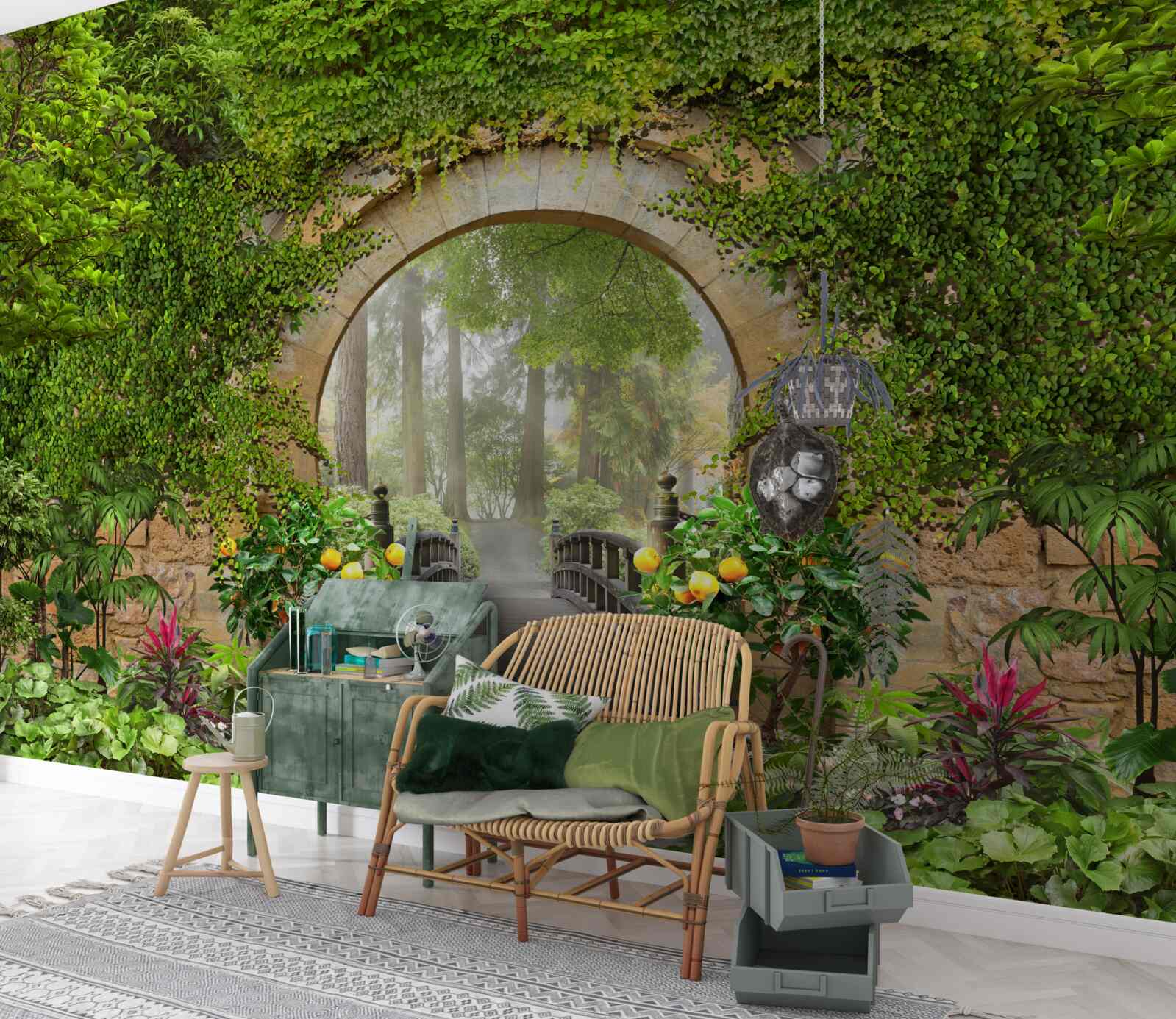 Fotobehang begroeide groene boog in het bos