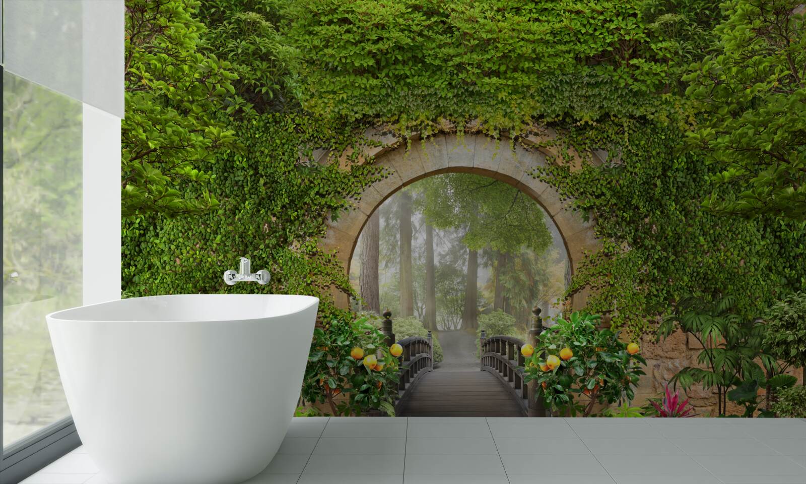 Fotobehang begroeide groene boog in het bos