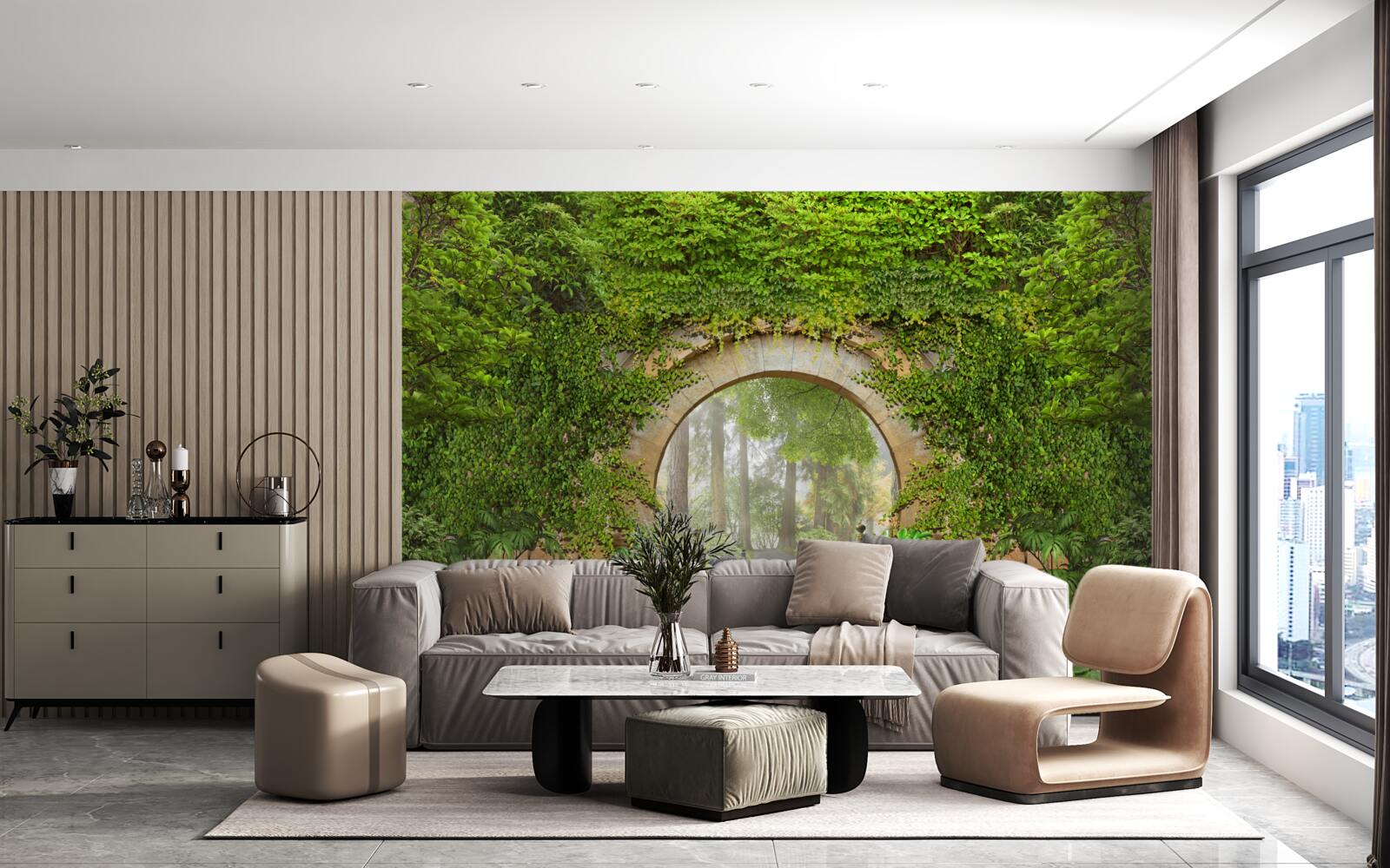 Fotobehang begroeide groene boog in het bos