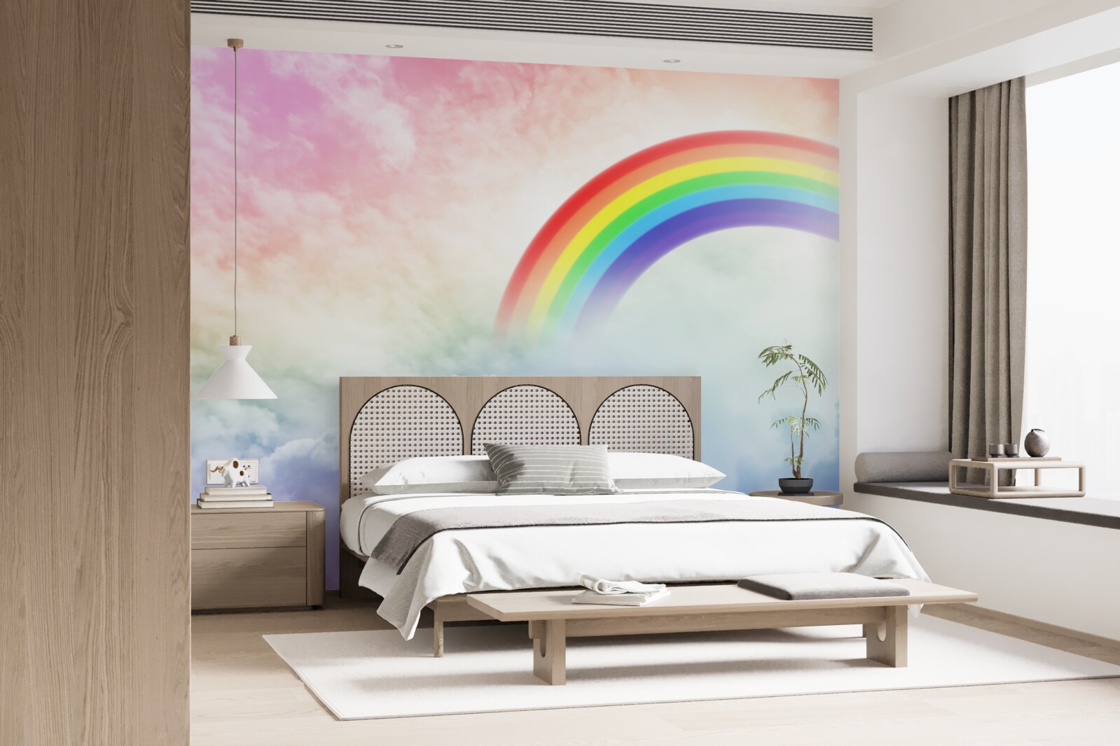 Fotobehang een kleurrijke regenboog schijnt boven de wolken