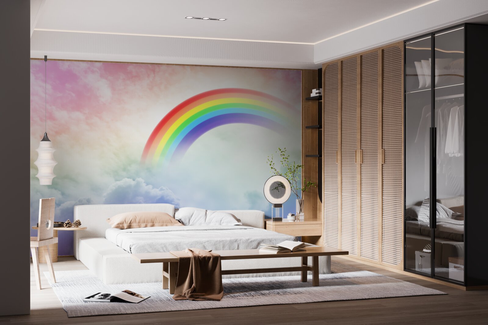 Fotobehang een kleurrijke regenboog schijnt boven de wolken