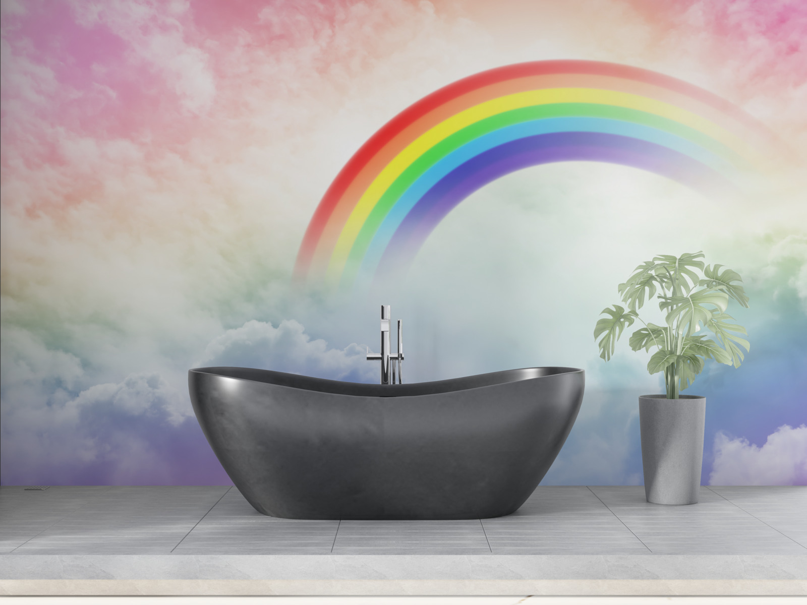 Fotobehang een kleurrijke regenboog schijnt boven de wolken