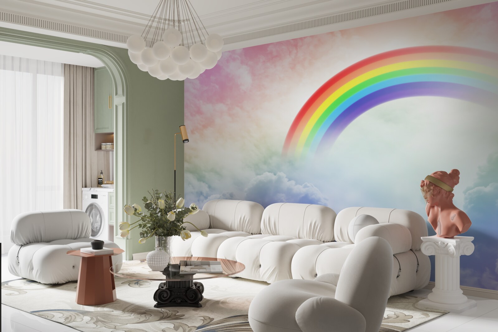 Fotobehang een kleurrijke regenboog schijnt boven de wolken