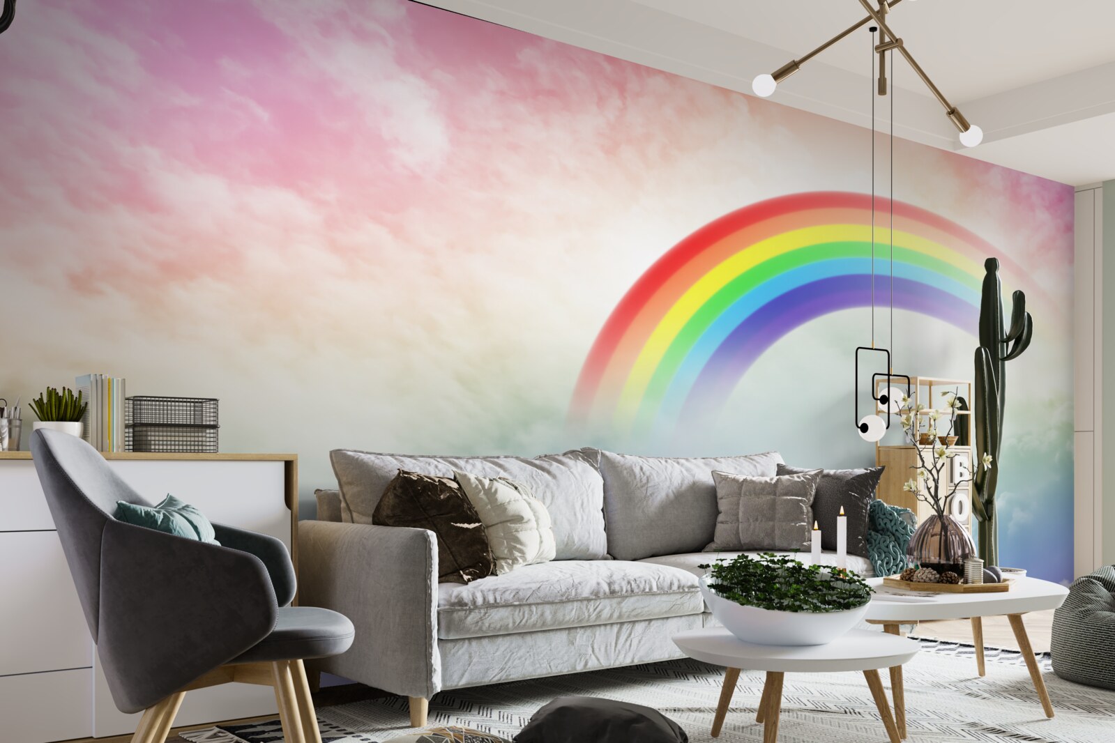 Fotobehang een kleurrijke regenboog schijnt boven de wolken