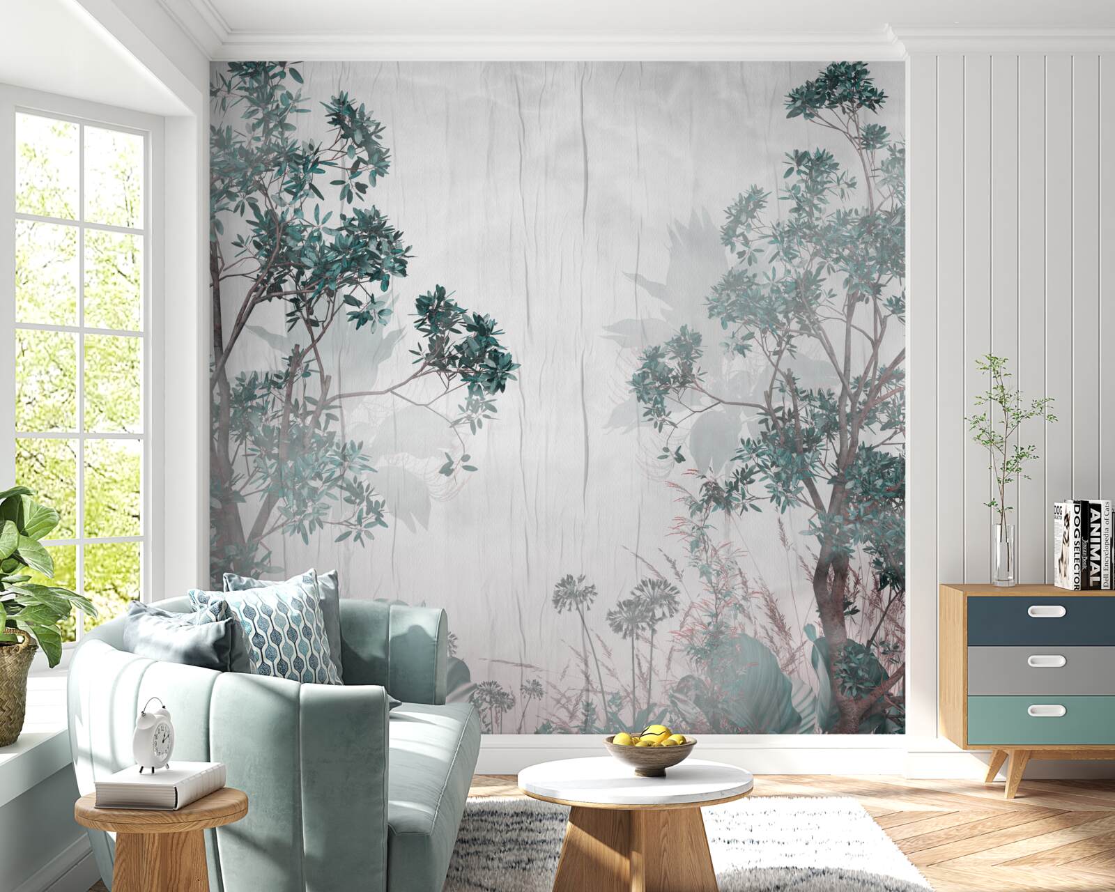 Fotobehang het bos is gehuld in regenachtig weer