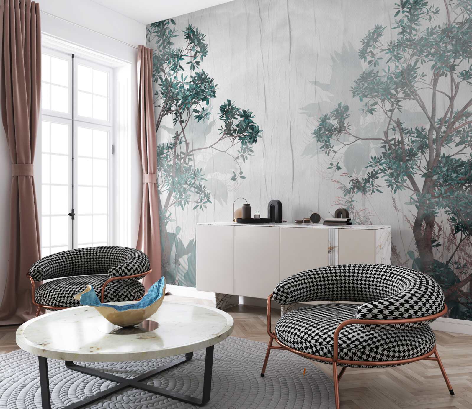 Fotobehang het bos is gehuld in regenachtig weer