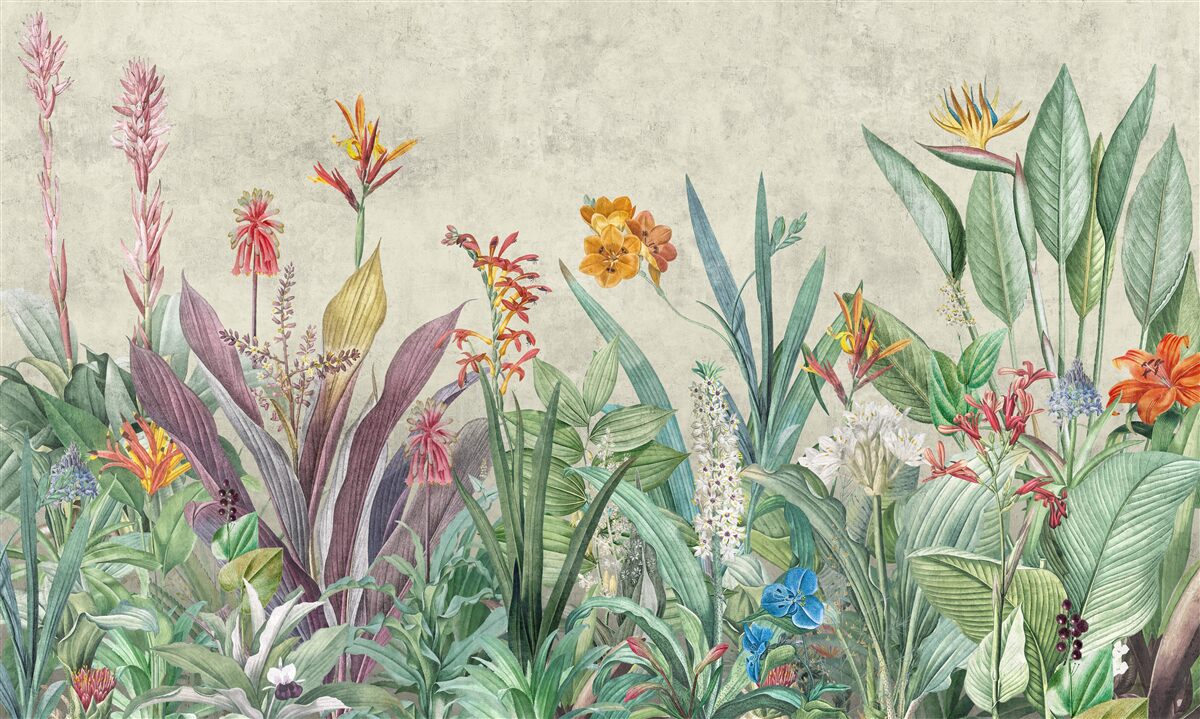 Fotobehang tropisch groen met bloemen