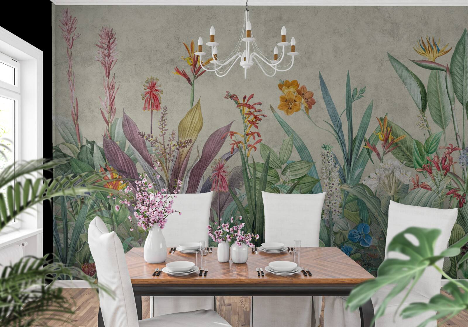 Fotobehang tropisch groen met bloemen