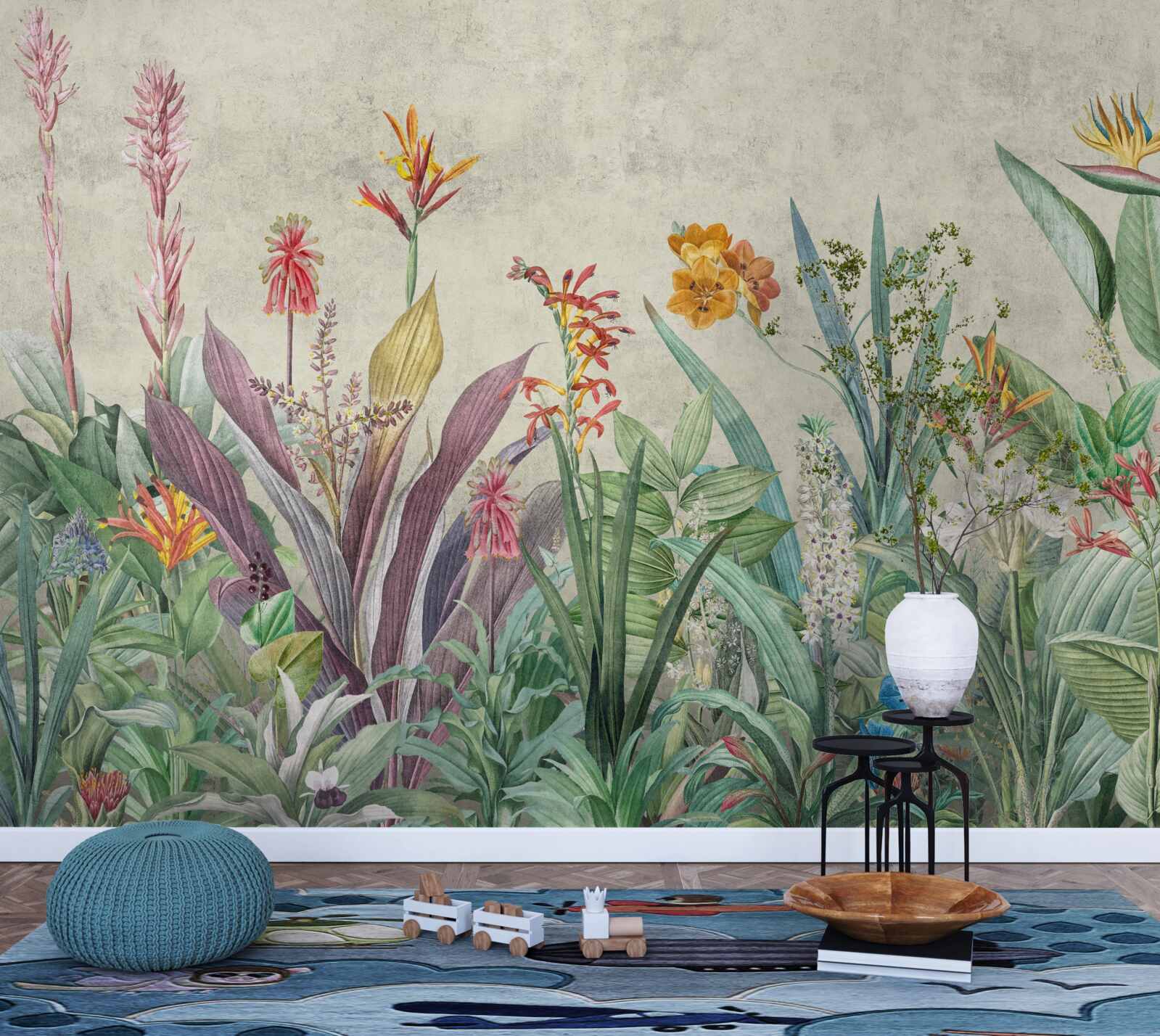 Fotobehang tropisch groen met bloemen