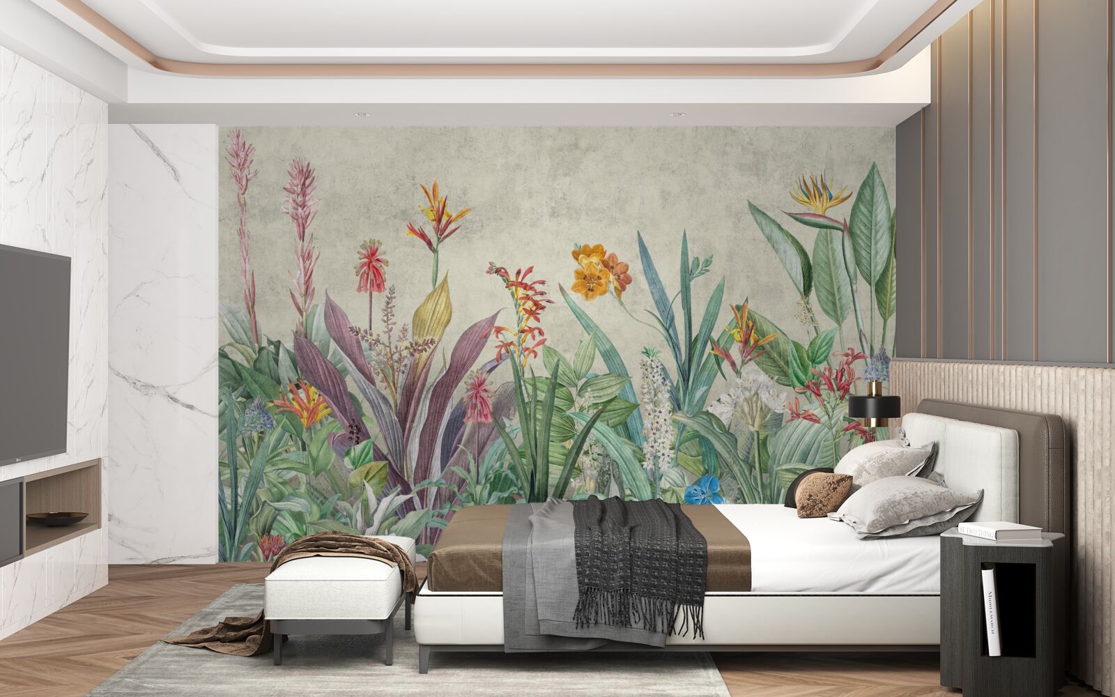 Fotobehang tropisch groen met bloemen