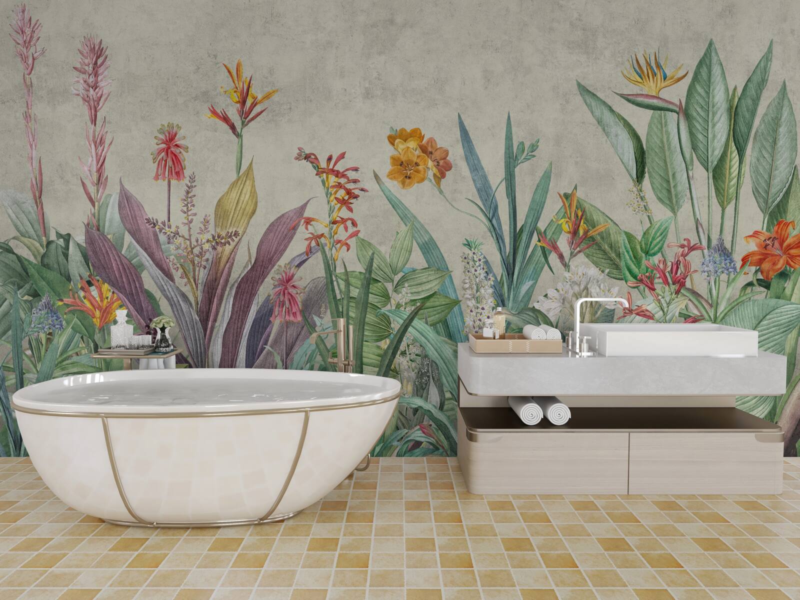 Fotobehang tropisch groen met bloemen