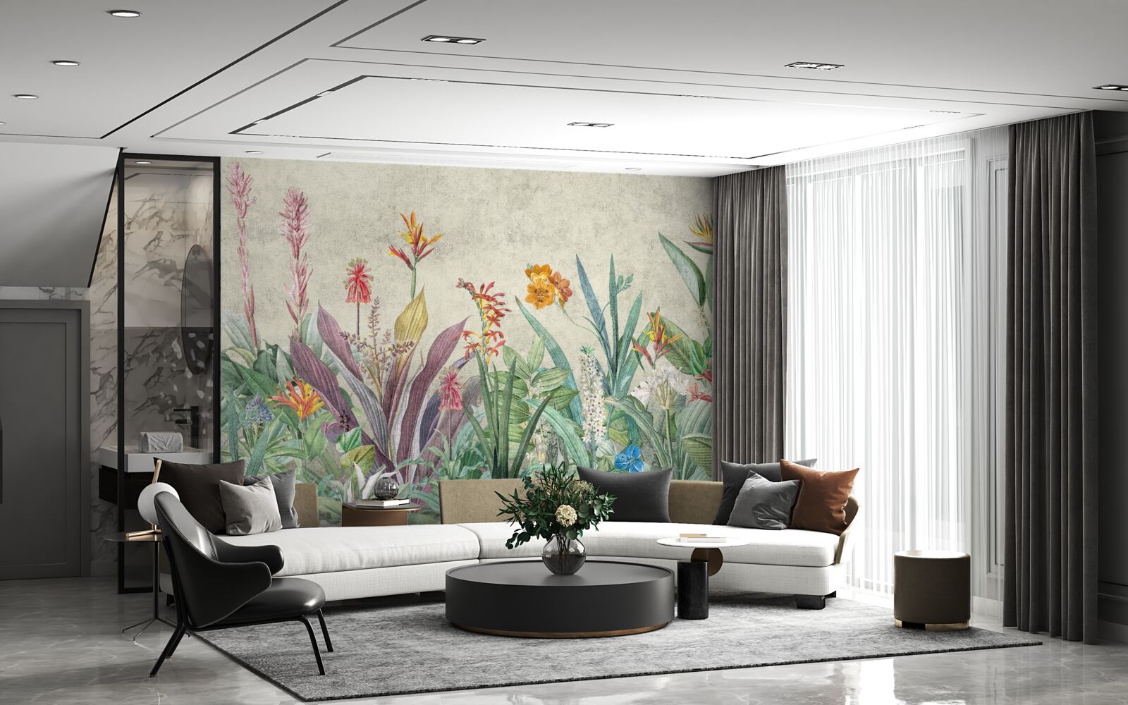 Fotobehang tropisch groen met bloemen