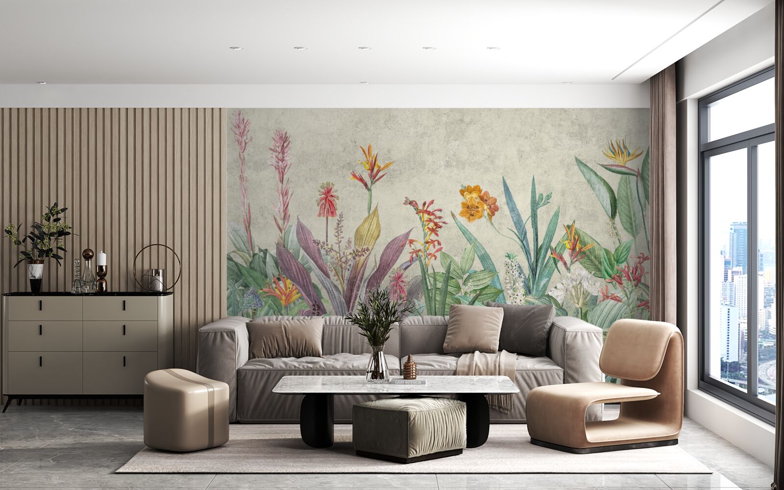 Fotobehang tropisch groen met bloemen