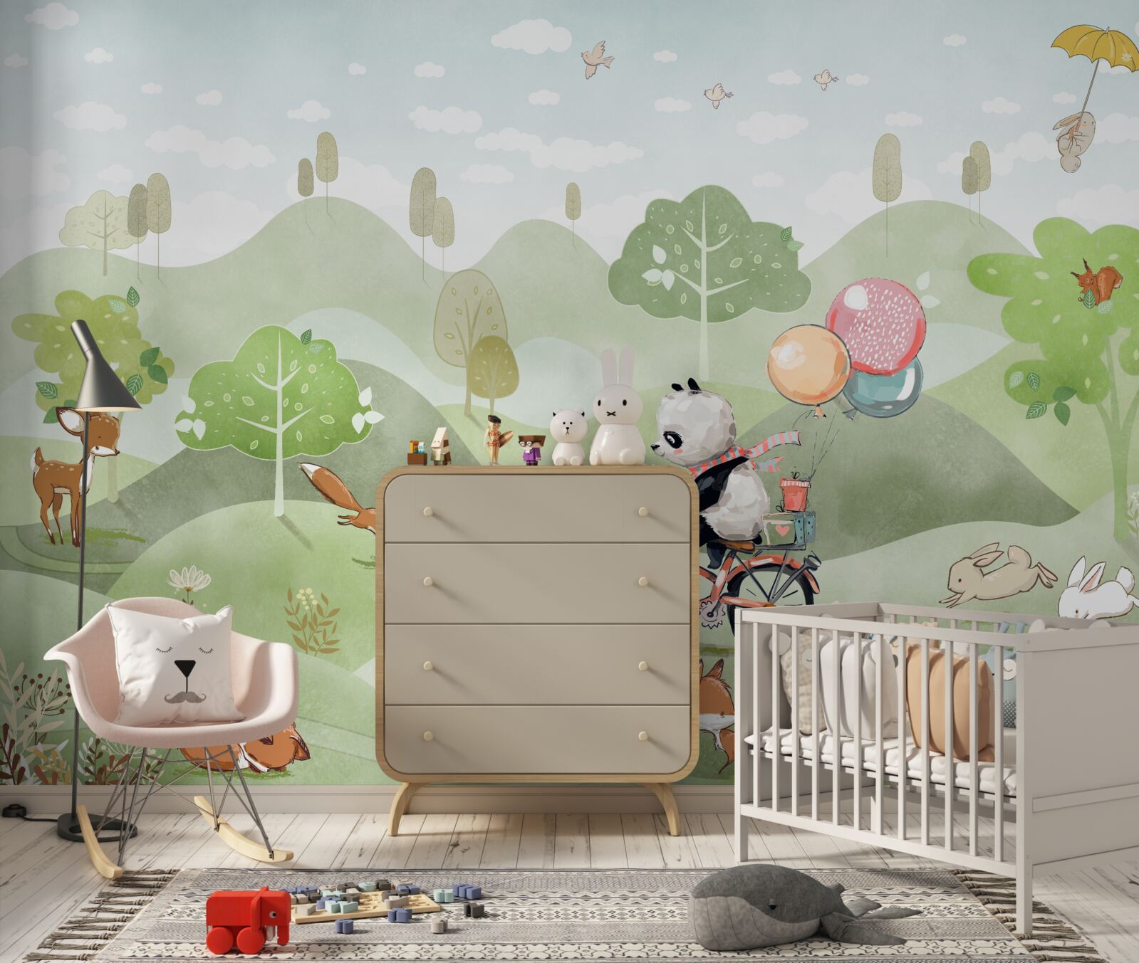 Fotobehang de fiets waarop de panda rijdt