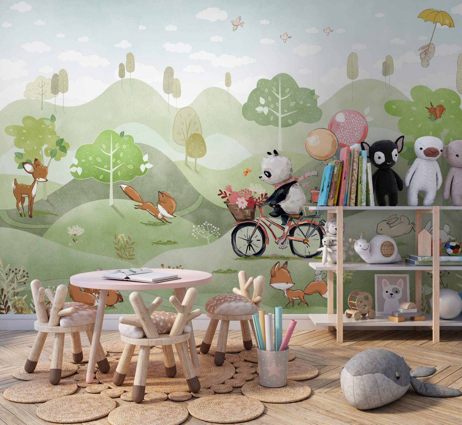 Fotobehang de fiets waarop de panda rijdt