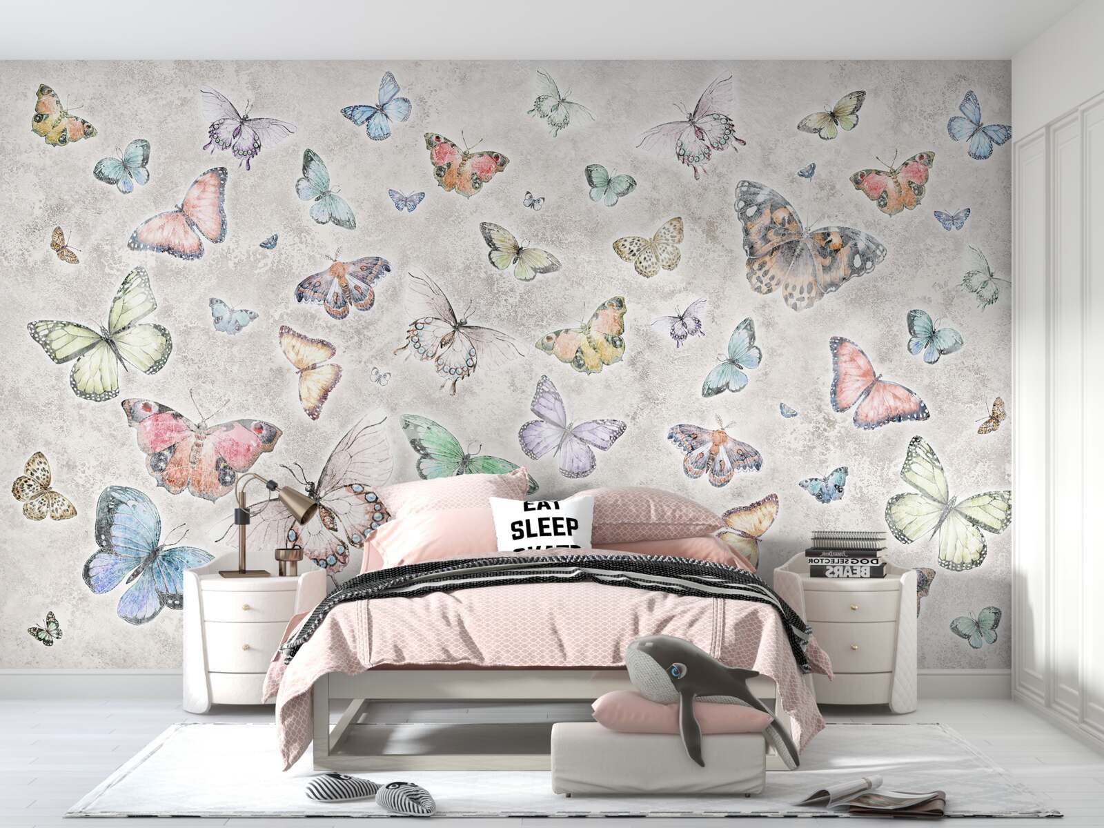 Fotobehang Gloeiende vlinders op een grijze achtergrond