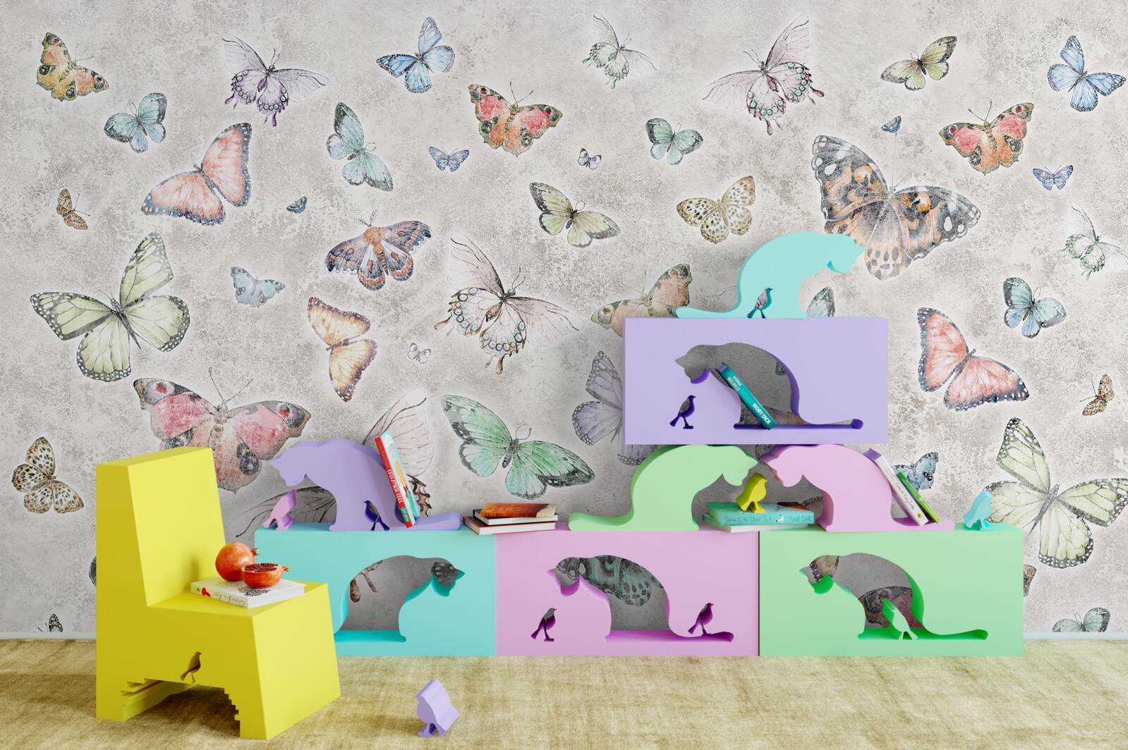 Fotobehang Gloeiende vlinders op een grijze achtergrond