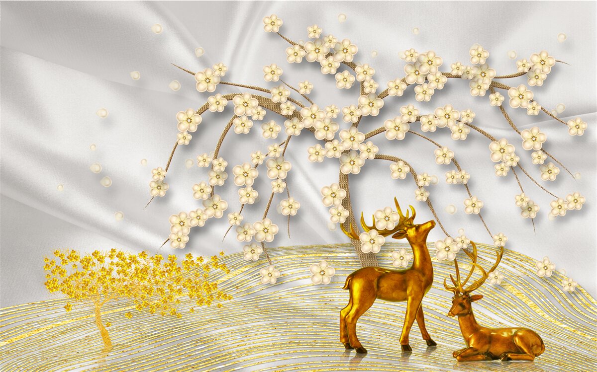 Fotobehang een hert van goud loopt onder de takken van een sakura