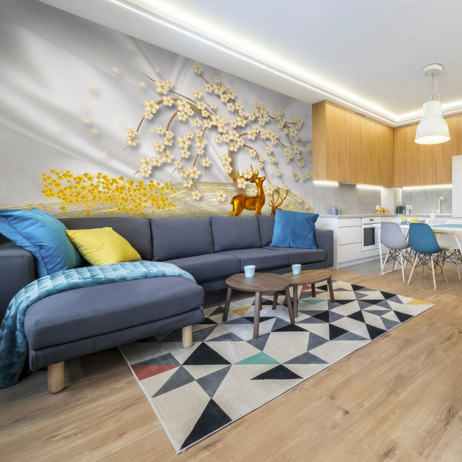 Fotobehang een hert van goud loopt onder de takken van een sakura