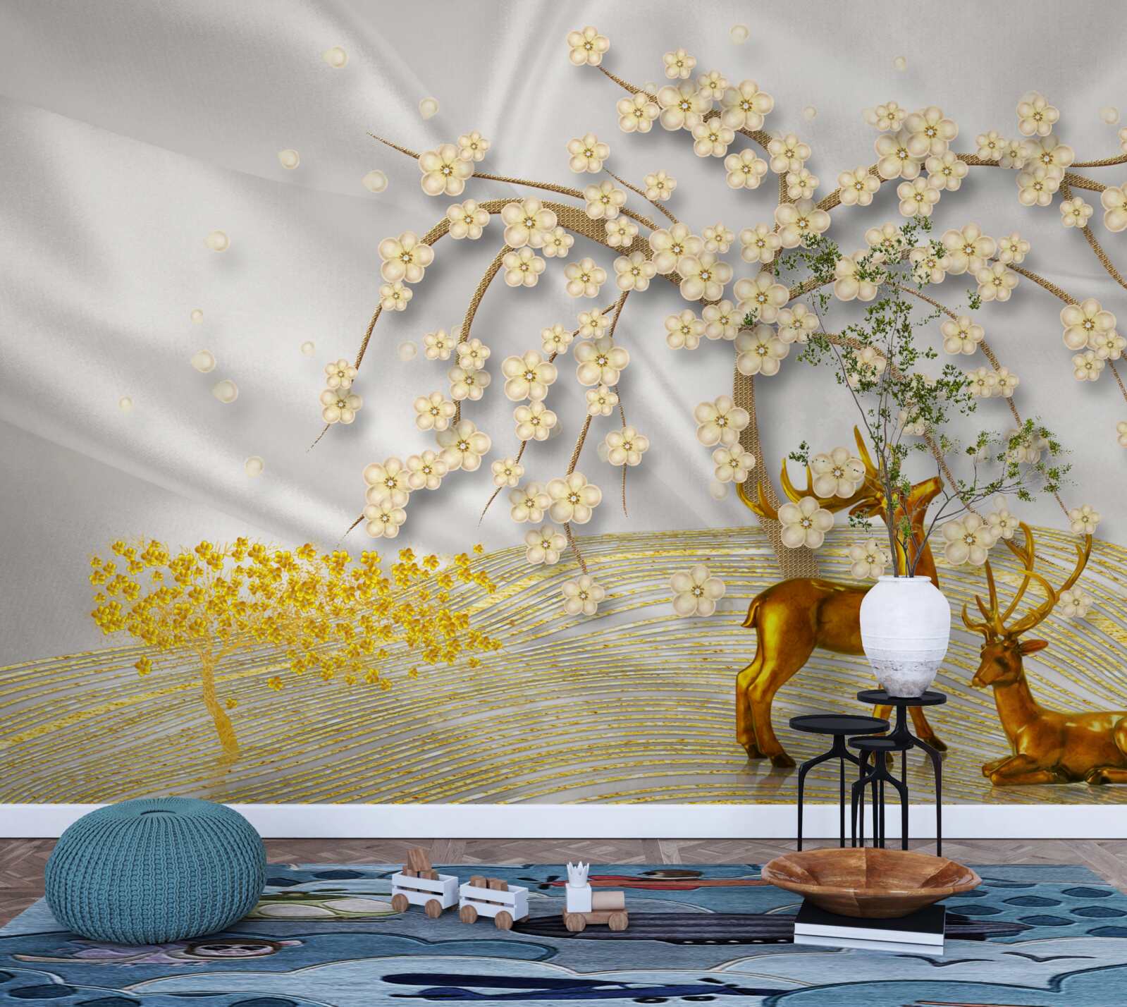 Fotobehang een hert van goud loopt onder de takken van een sakura