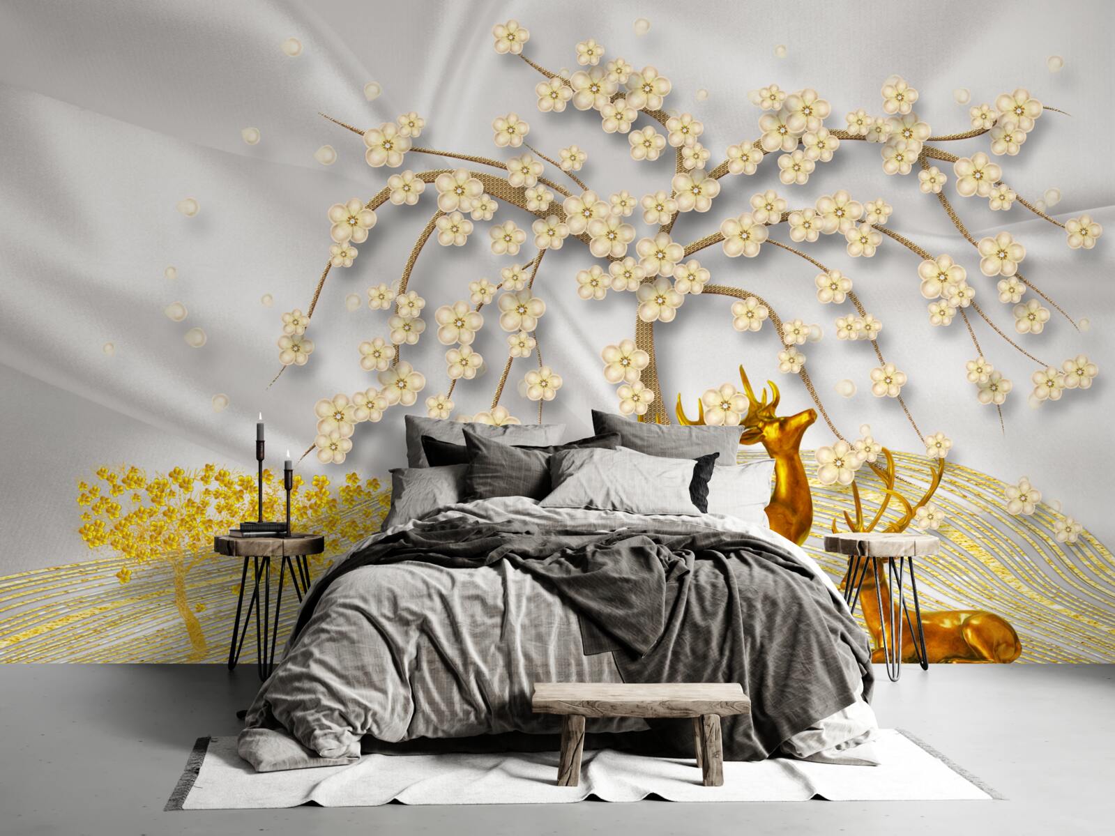 Fotobehang een hert van goud loopt onder de takken van een sakura