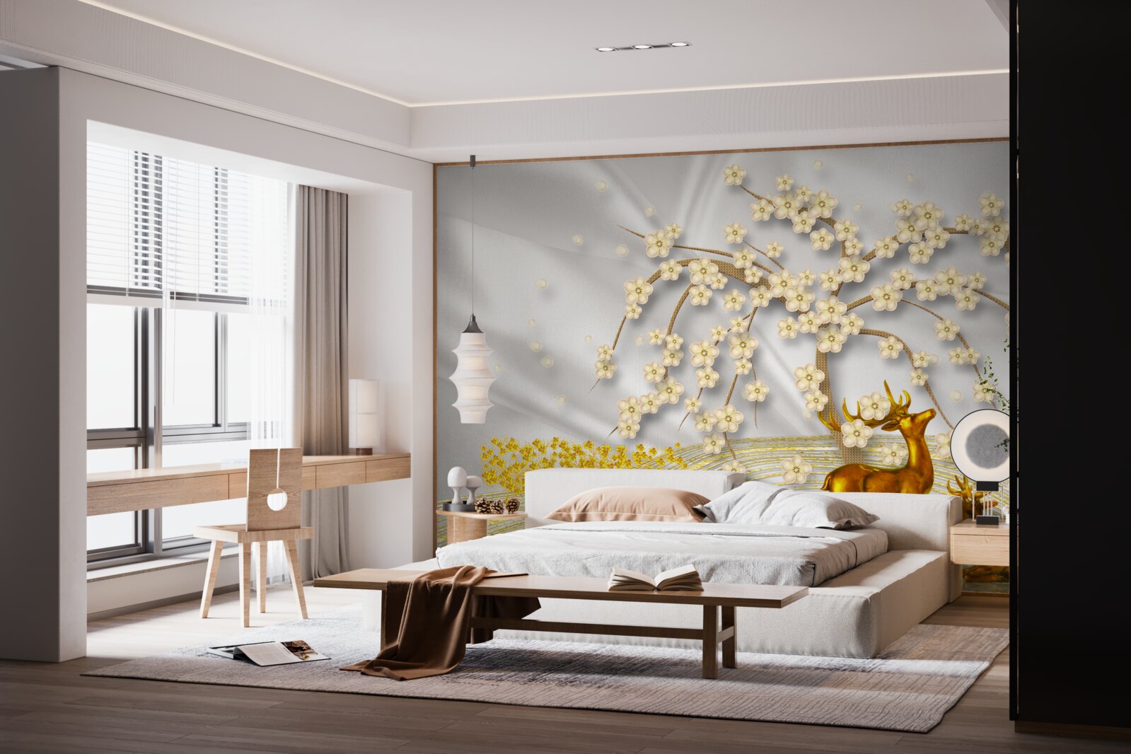 Fotobehang een hert van goud loopt onder de takken van een sakura