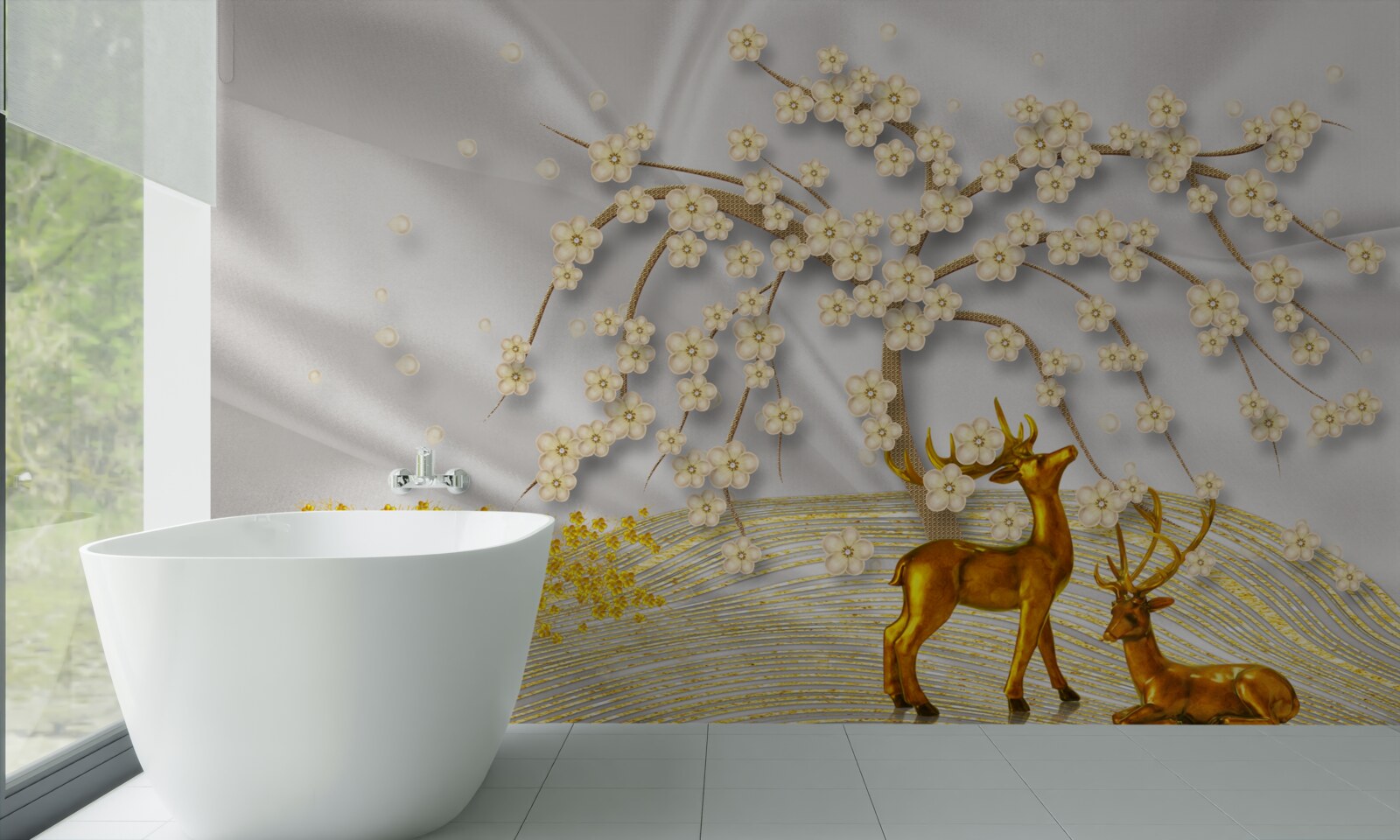 Fotobehang een hert van goud loopt onder de takken van een sakura